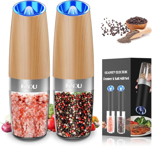 XinXu Gravity Electric Pepper and Salt Grinder Set, Automatic Mill Grinder Shaker,Battery-Operated, Adjustable Coarseness, Stainless Steel, LED Light, One Hand Operated,Wood Grain
