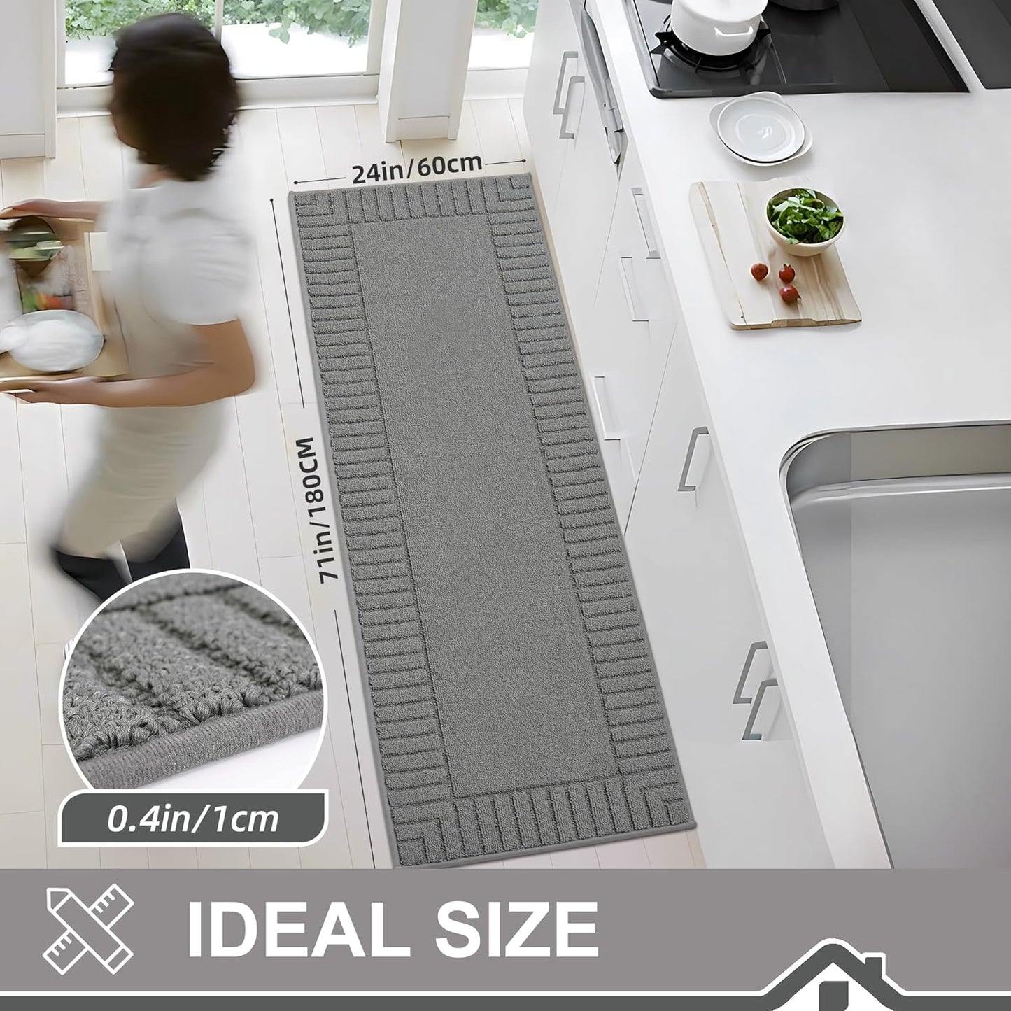 BEQHAUSE-Kitchen-Rugs-Washable-Kitchen-Mats-for-Floor Non-Slip Kitchen Mat Absorbent Kitchen Runner Rug with TPR Non Skid Backing,Grey, 24”x71”