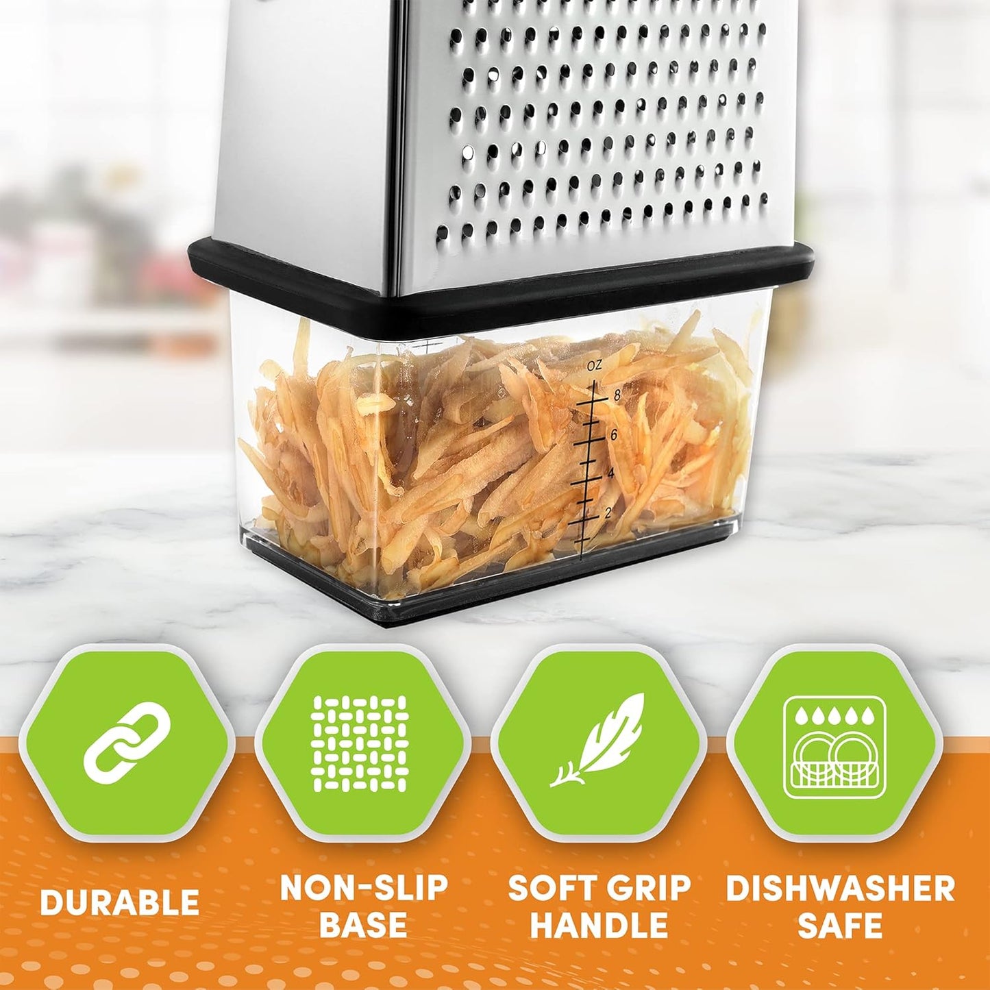 Spring Chef Professional 10" Parmesan Cheese Grater With Container, Stainless Steel & Soft Grip Handle, 4 Sided Kitchen Cheese Shredder, Handheld Box Grater for Vegetables, Potato, Carrot - Black