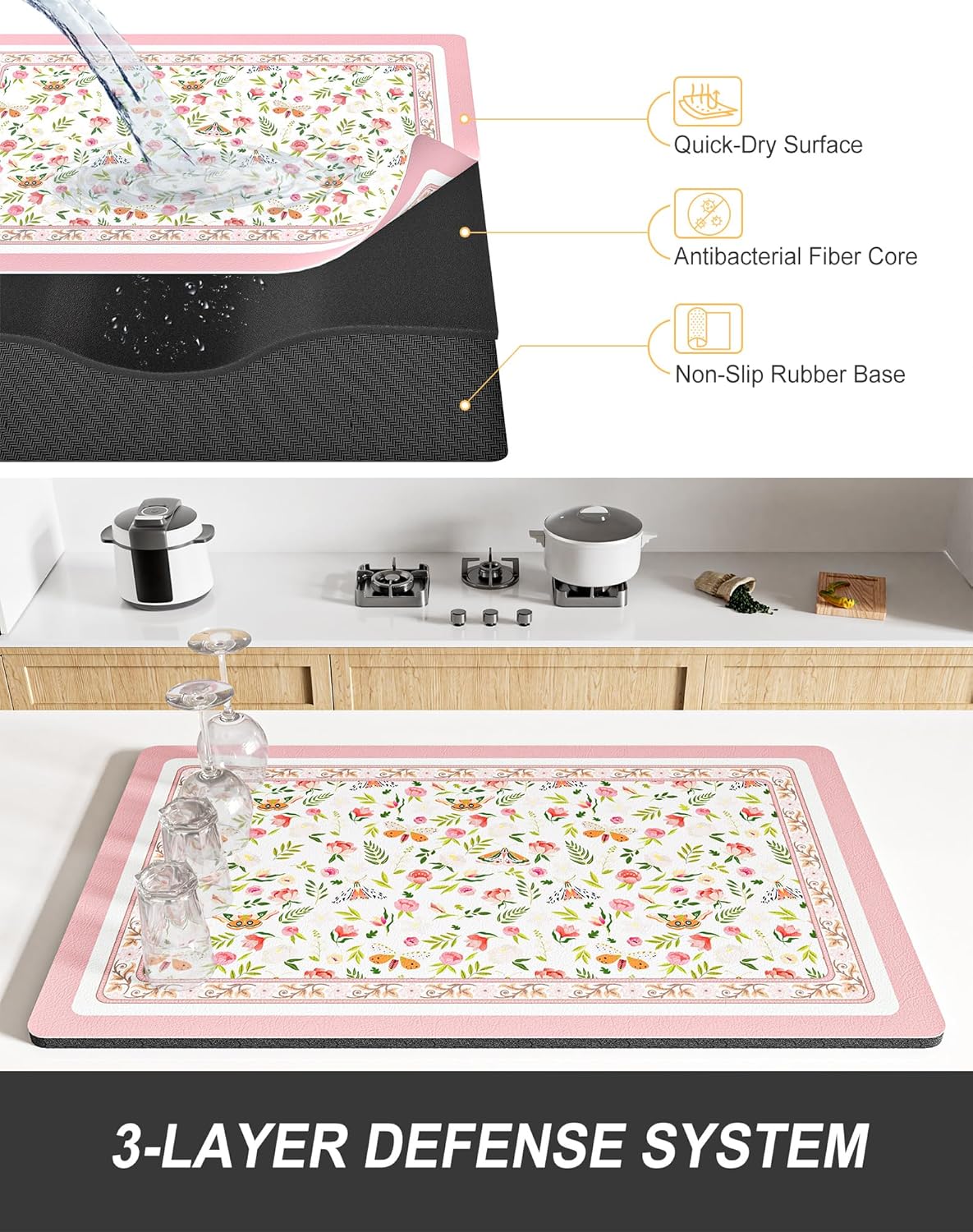 Rnivvi Dish Drying Mat for Kitchen Counter, 12 x 19" Cute Flower Theme Super Absorbent Draining Pad, Non-Slip Heat Resistant Coffee Bar Mats for Coffee Machine Station Accessories, Pink Dish Rack Pad