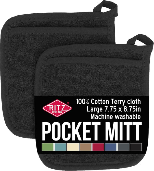 RITZ Terry Pocket Mitt & Hot Pad: Unparalleled Heat Resistant, Durable 100% Cotton – Ergonomically Designed for Optimal Grip – Easy-Care Machine Washable – 2-Pack, Black