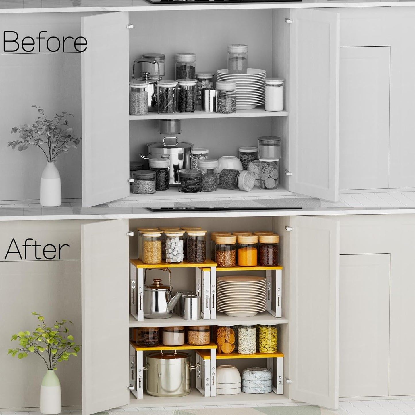 Expandable Kitchen Cabinet Organizer Shelves – Stackable Adjustable Metal and Wood Storage Racks for Countertop, Pantry, Garage Set of 2 Spice Rack – Easy Assembly, Space-Saving(2 Packs/Medium/White)