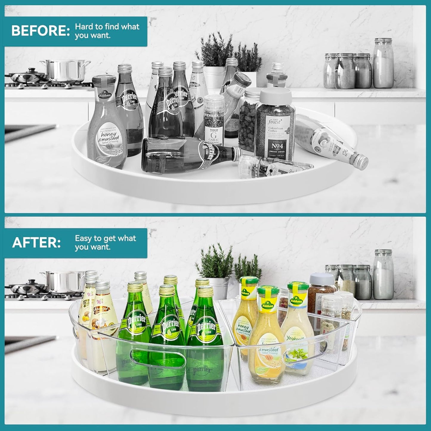 Oubonun Lazy Susan Organizers Set of 8, 10.2”x 9.4”x 4” Plastic Transparent Kitchen Cabinet Storage Bins with Handle, 4" Deep Container, 1/8 Wedge - Food Safe, without BPA