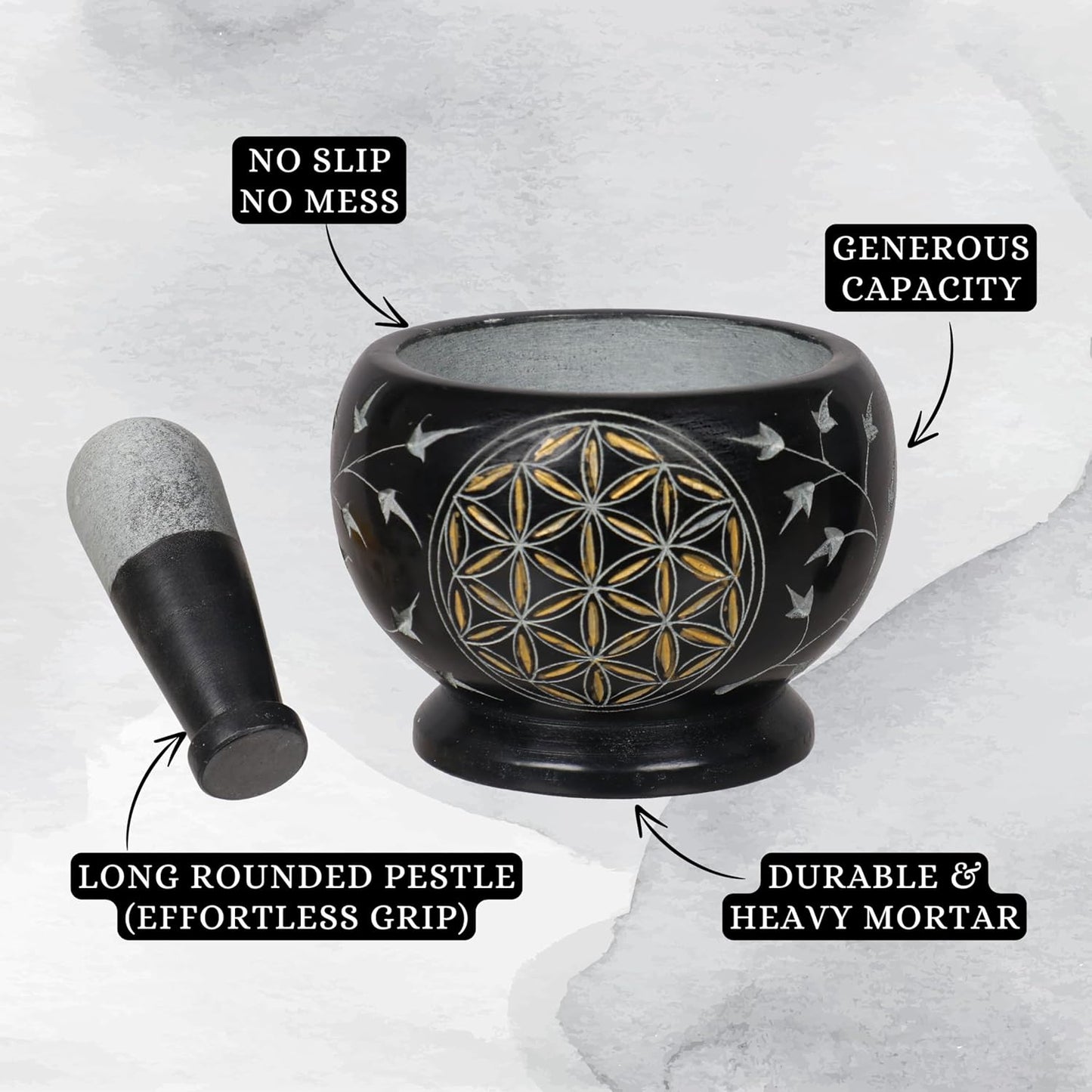 Mortar and Pestle, Made of Heavy Duty Polished Hard Stone, Natural Stone Grinder for Spices, Pastes, Herbs, Seasoning etc. (Flower of Life)