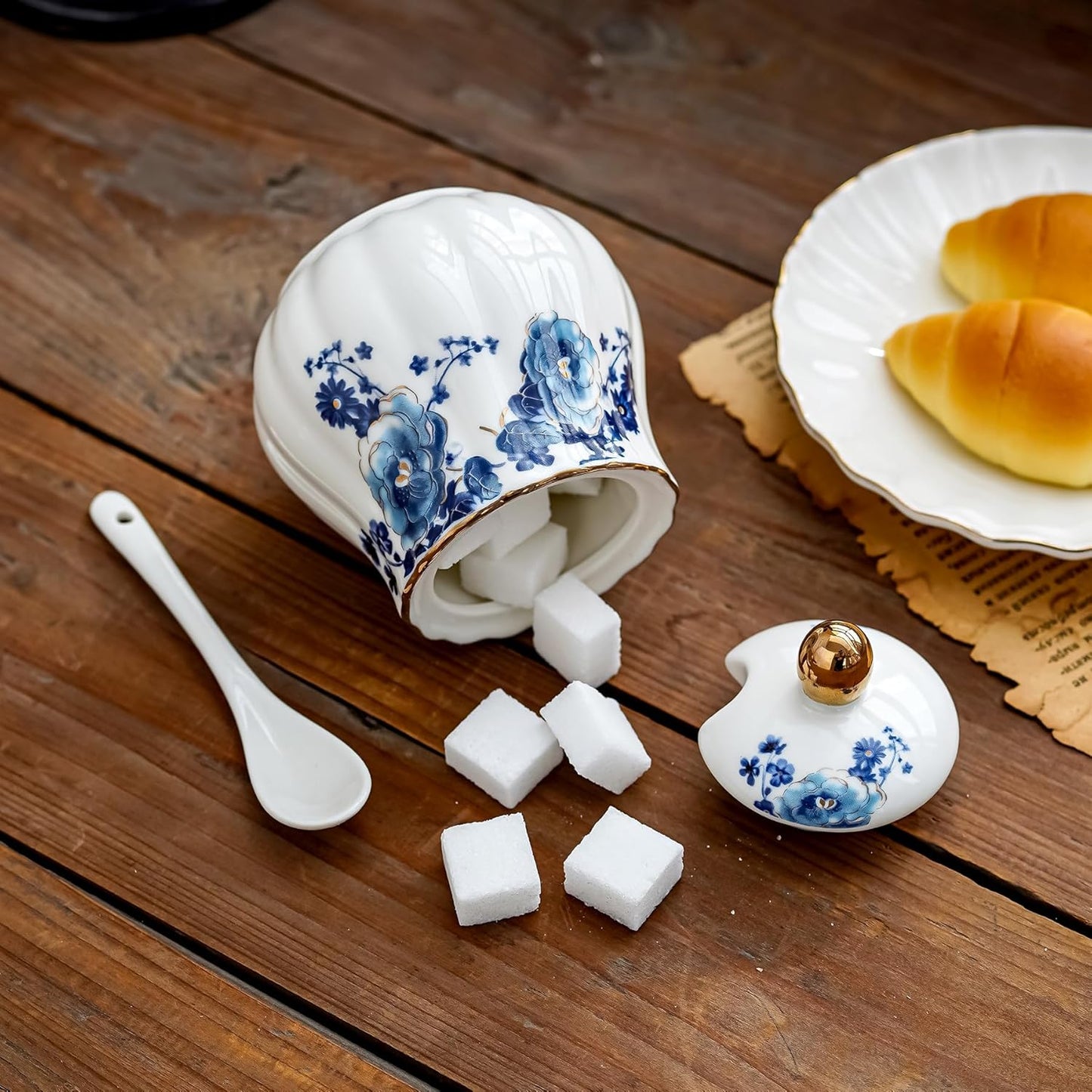 Ceramic Sugar and Creamer Set, 3 Piece with Cream Pitcher, Sugar Bowl with Lid and Spoon,Coffee and Tea Serving Set (White with blue flower)