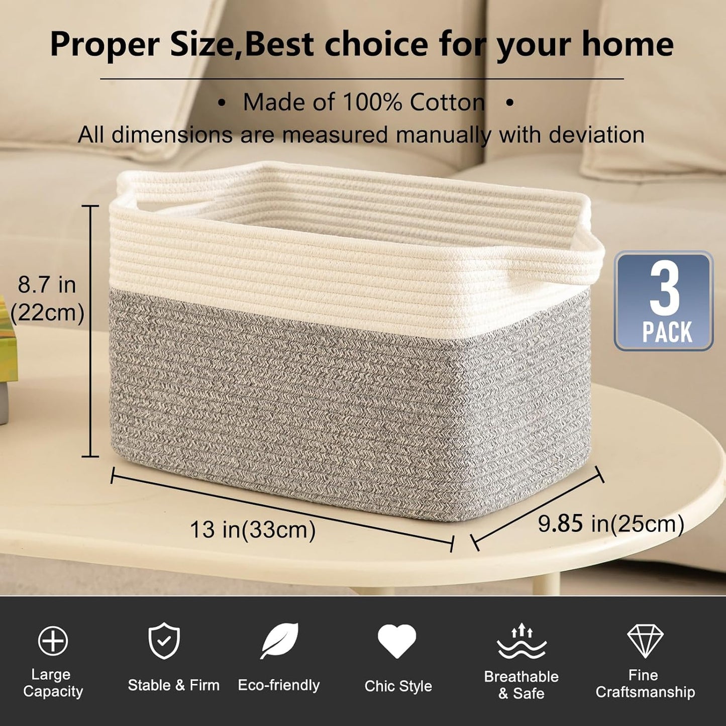 OIAHOMY 3 Pack Storage Basket for Organizing, 13''X9.85''X8.7'' Storage Bins,Woven Basket Basket with Handles, Toy Storage Basket Bin,Stylish Room Decor Basket, White & Grey variegated