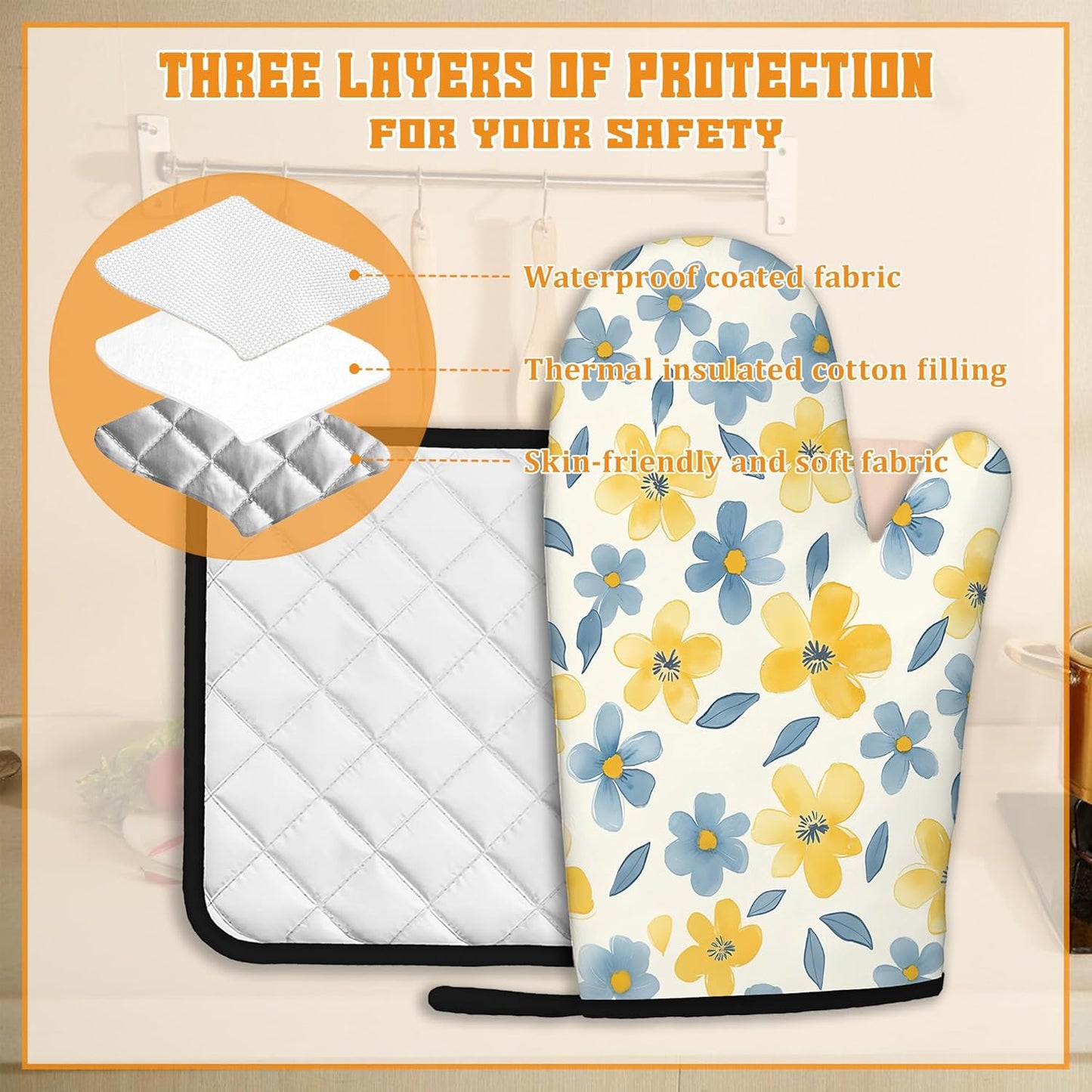 Cute Floral Oven Mitts and Pot Holders,Yellow Blue Flower Heat Resistant Oven Mitts Gloves and Pot Holder for Home Kitchen Decorations Cooking Baking BBQ Gifts,Set of 4