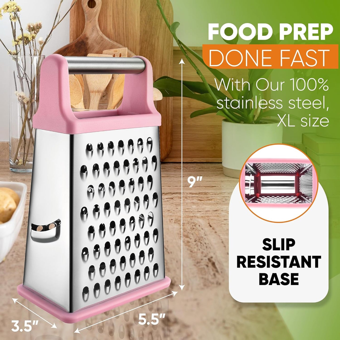 Spring Chef Professional Stainless Steel XL Parmesan Cheese Grater with Handle - 4 Sided Box Grater for Kitchen - Dishwasher Safe Carrot Shredder for Potato, Vegetables, Ginger - Pink Lemonade