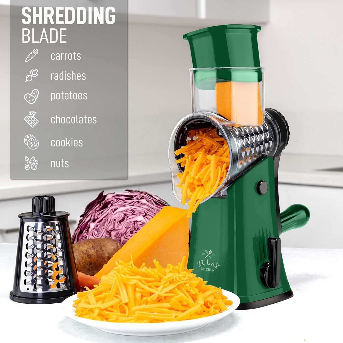 Zulay Kitchen Rotary Cheese Grater 5 Blade Cheese Shredder - Manual Hand Crank Cheese Grater With Reinforced Suction & 5 Interchangeable Drums - Easy to Use, Vegetable Chopper Round Mandoline Slicer
