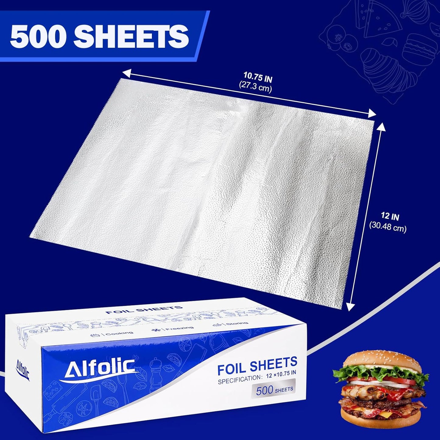 Aluminum Foil Sheets - 12" x 10.75" Pre Cut Tin Foil, Premium Aluminum Foil Wraps for Cooking, Storing Food - 500 Sheets