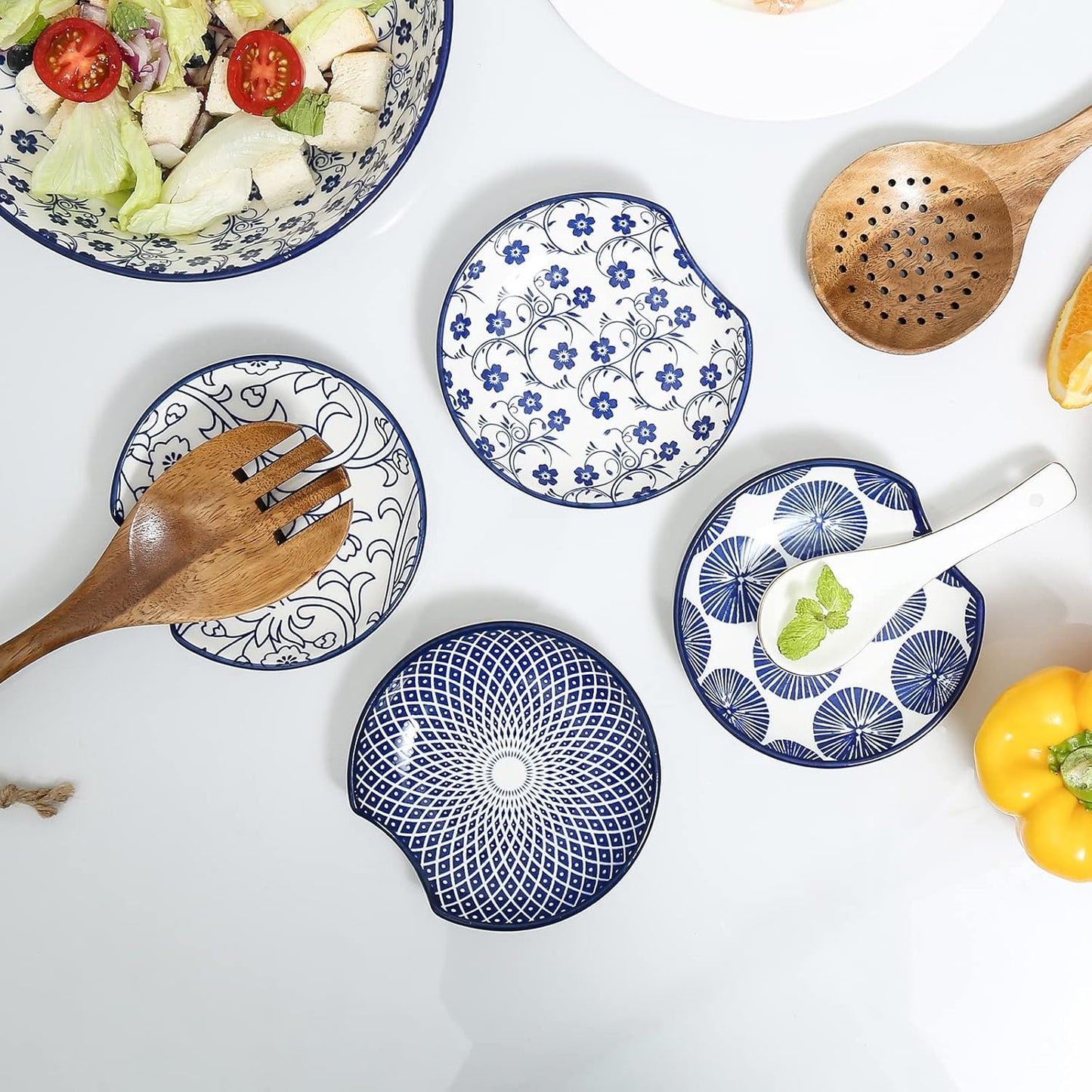 Selamica Ceramic Spoon Rest for Stove Top, 4.6 Inch Cooking Spoon Holder for Kitchen Counter, Stackable Utensil Rest Holder for Spatula Ladles Tong, Set of 4, Vintage Blue