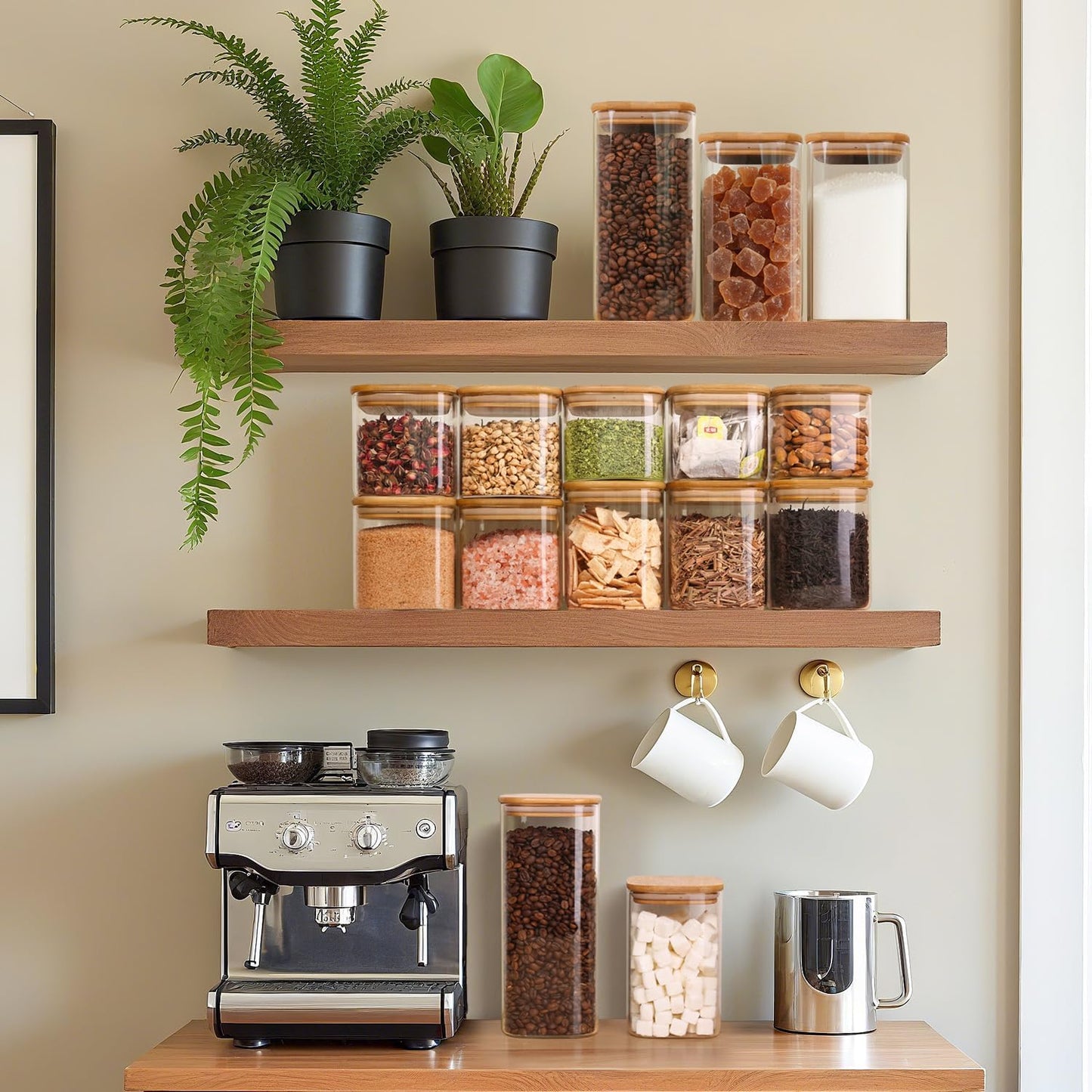 ComSaf Airtight Glass Storage Canister with Wood Lid (1.6 Qt), Clear Food Storage Container Jar with Sealing Lids for Oat Pasta Flour Cereal Rice Sugar Tea Coffee Beans, Set of 3 Square Cookie Jar