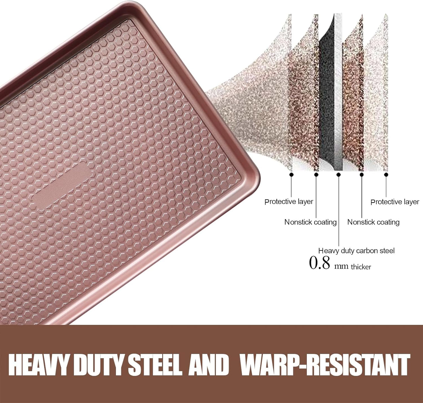 Large Baking Sheet Set (2 Pack) - Half Sheet Pan 17.7x12.2 Inch, 0.8mm Heavy Duty Carbon Steel, Nonstick & Warp Resistant Cookie Sheet for Baking, Roasting, Texture Pattern/Rose Gold