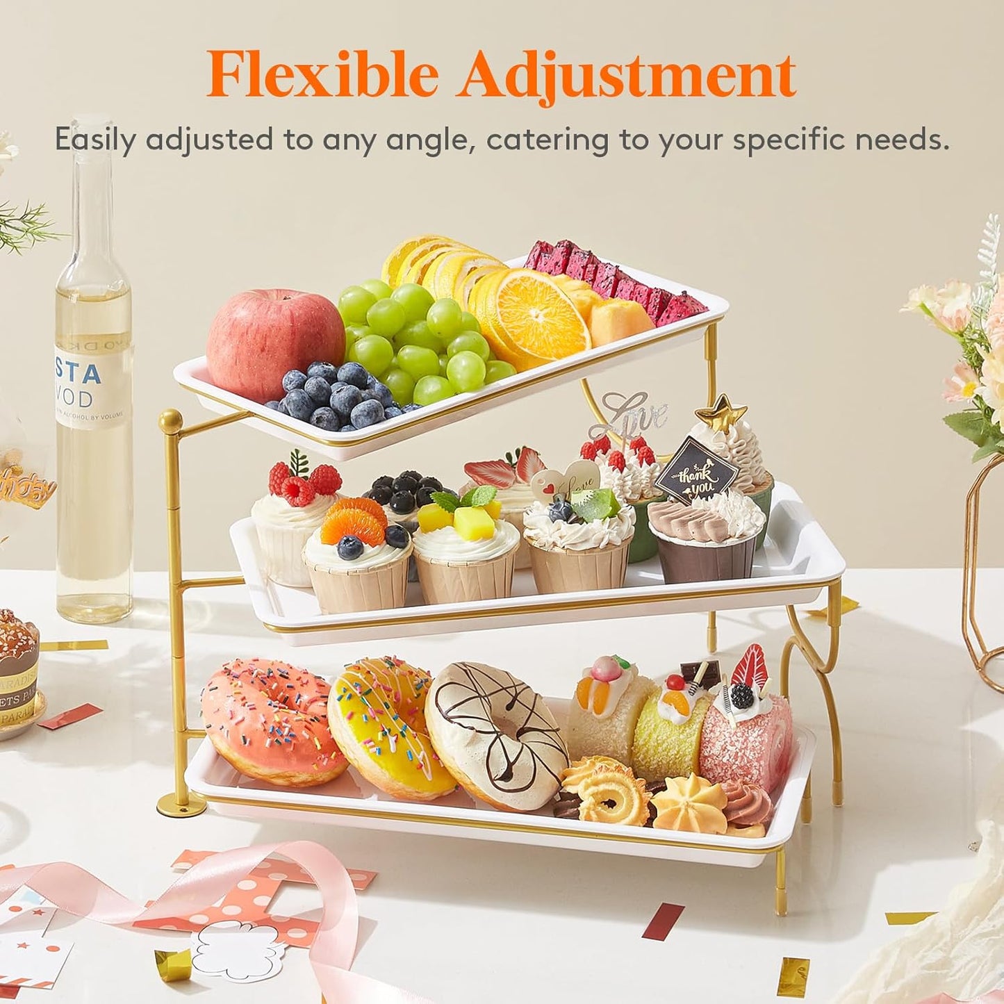 Lifewit 3 Tiered Tray Stand for Party Entertaining, 14"×6.5" Serving Platters and Trays, Reusable Plastic Trays with Stable Gold Mental Stand for Veggie, Fruit, Cookies, Dessert