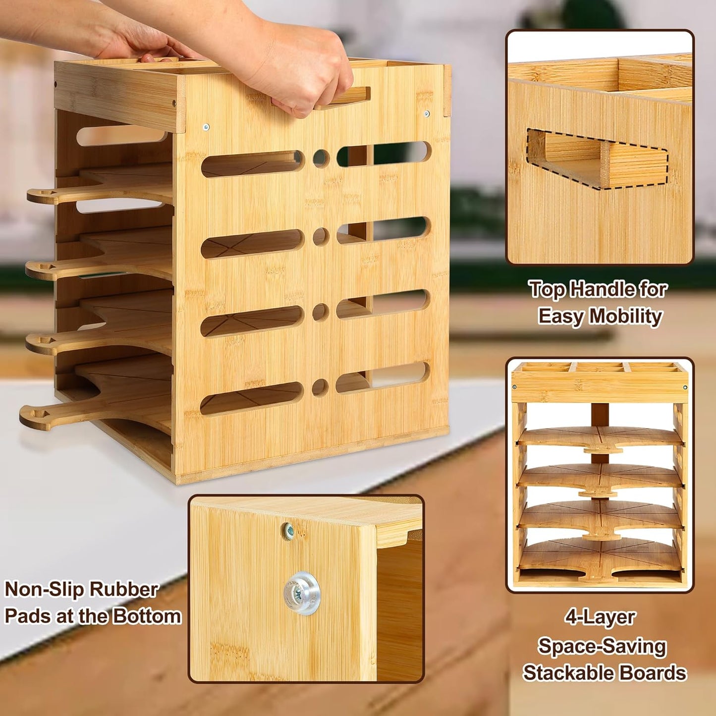 Pizza Peel Rack Stand Wooden, 4 Pack of 12 Inch Pizza Peels Wood Non-Stick, Pizza Peel Rack Holder with Top Storage Free Container Divider, Cutting Grooves for Easy Pizza and Bread Making