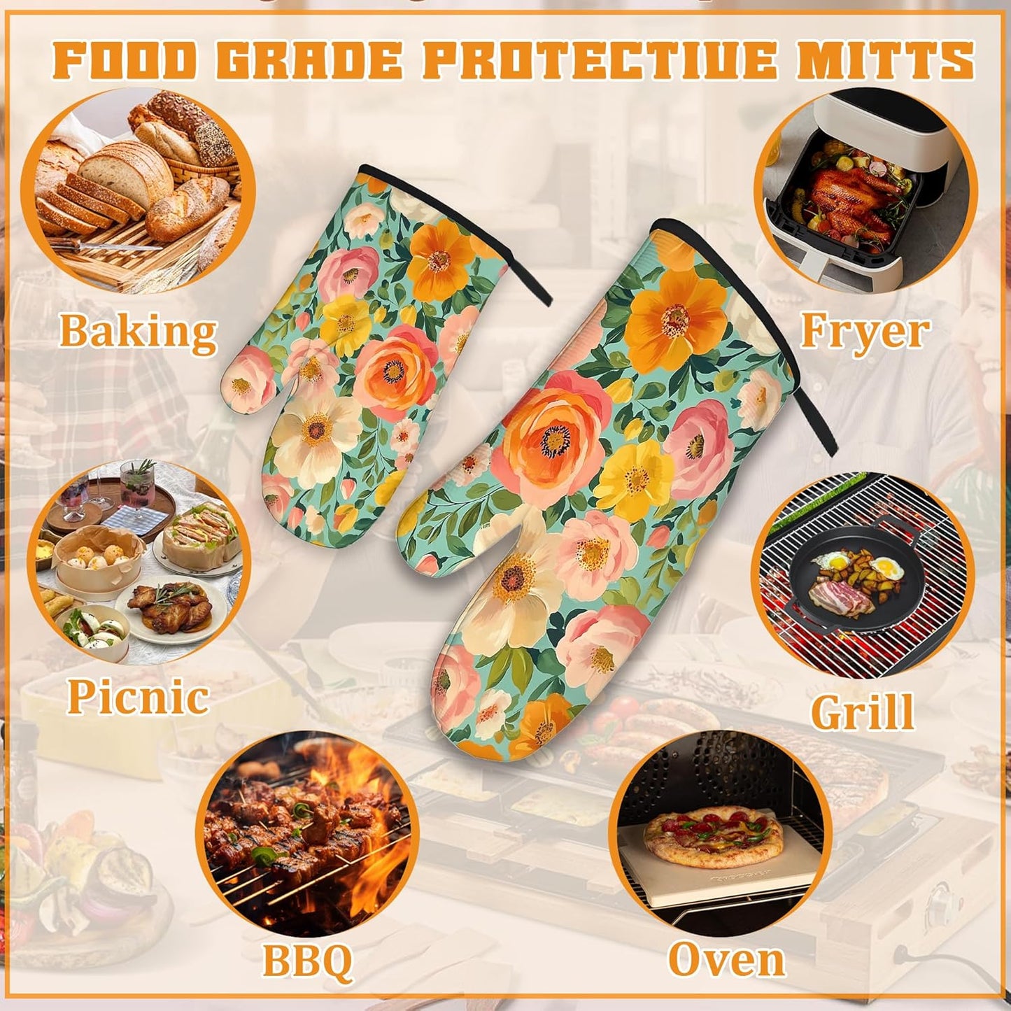 Vintage Pink Poppy Oven Mitts and Pot Holders,Floral Flower Heat Resistant Oven Mitts Gloves and Pot Holder for Home Kitchen Decorations Cooking Baking BBQ Gifts,Set of 4