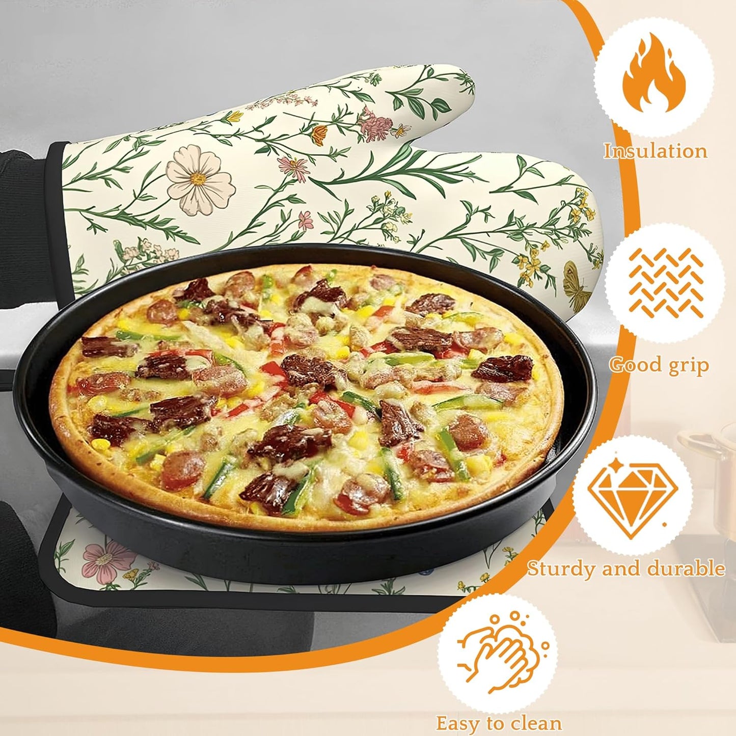 Wildflowers Oven Mitts and Pot Holders,Vintage Garden Plants Herb Flower Botanical Heat Resistant Oven Mitts Gloves and Pot Holder for Home Kitchen Decorations Cooking Baking BBQ Gifts,Set of 4