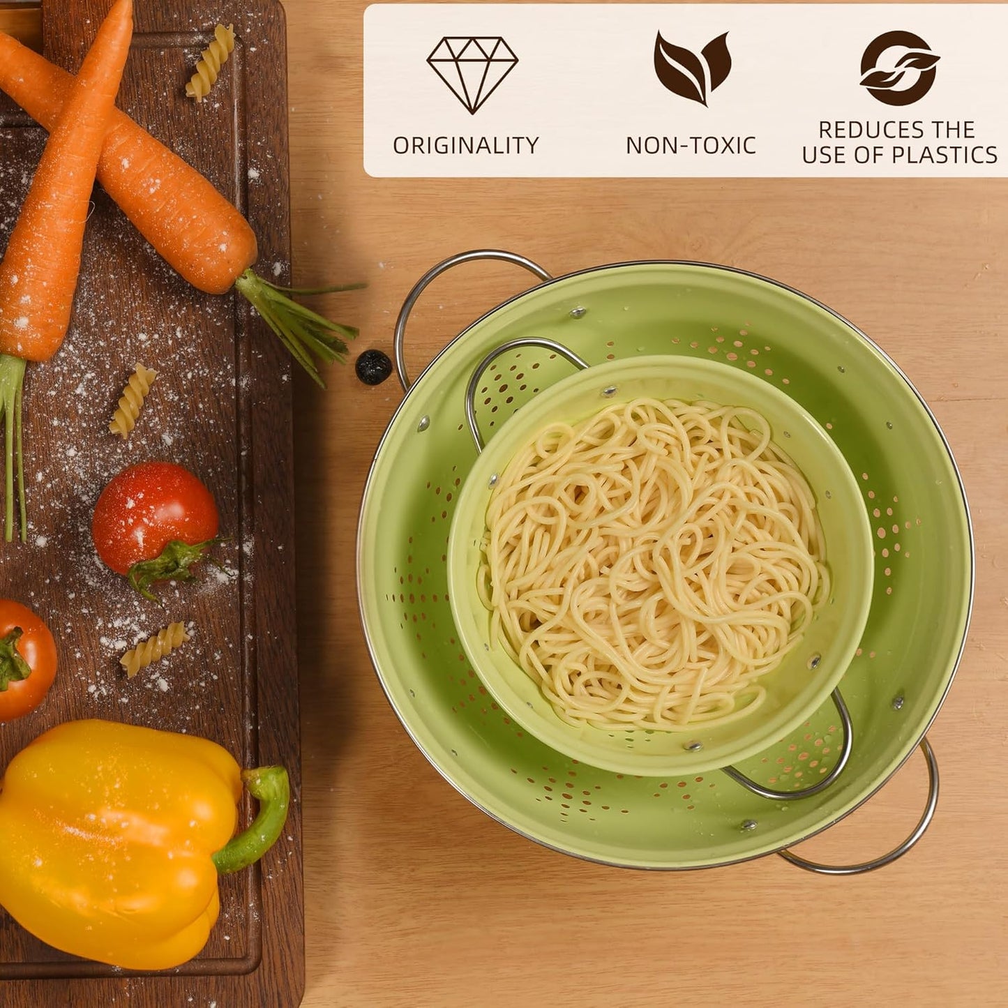 Metal Colander 2 Pack, Strainer Bowel with Handles 2Qt & 6Qt Powder Coated Solid Ring Base Heavey Duty Kitchen Drainer Basket for Pasta Veggies and Fruits,New Home Apartment Essentials (LightGreen)