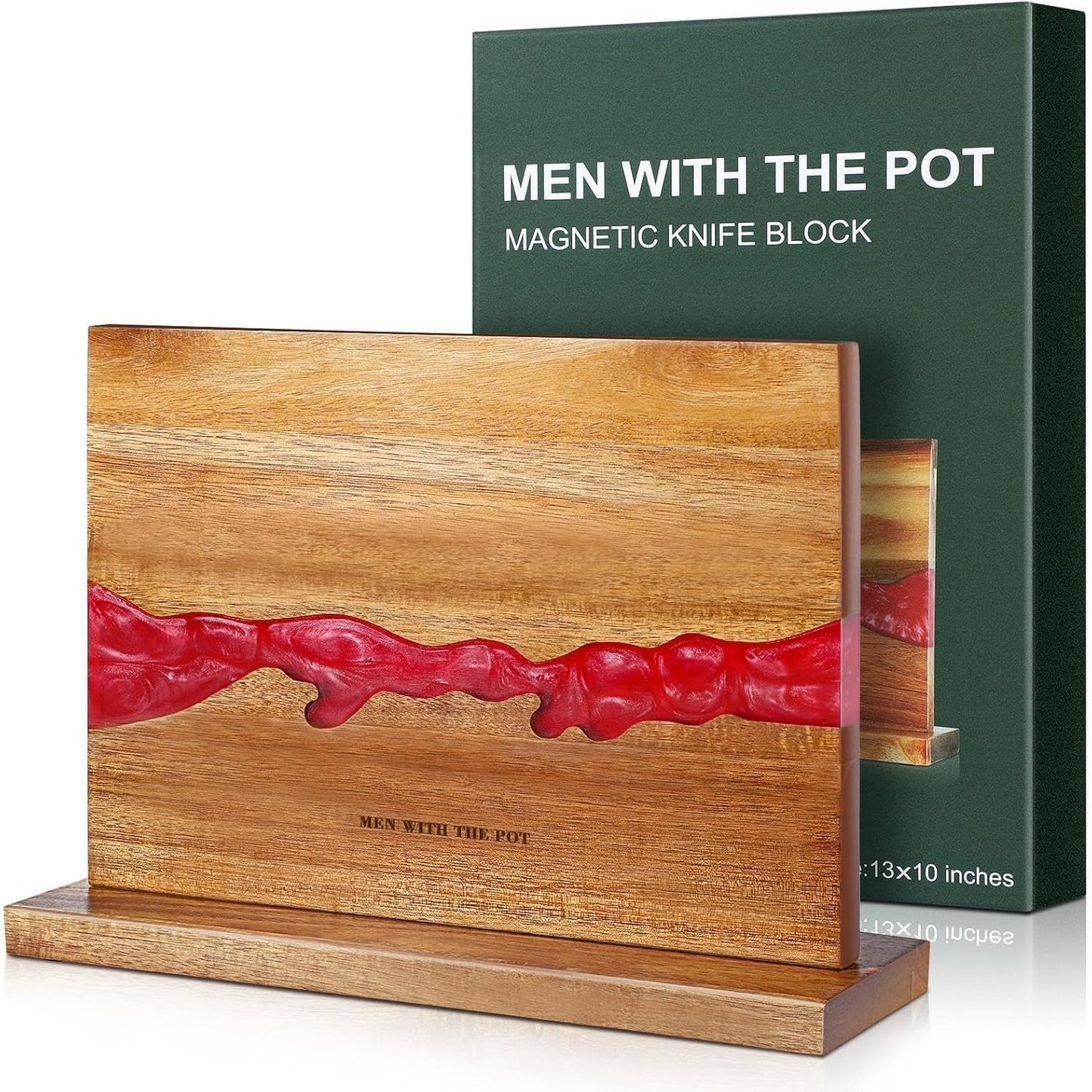 MEN WITH THE POT 13 x 10 Inches Magnetic Knife Block, Double Sided Powerful Wood & Red Flow Pattern Magnetic Kitchen Knife Holder Stand, Knife Storage Organizer for Kitchen Counter (Without Knives)