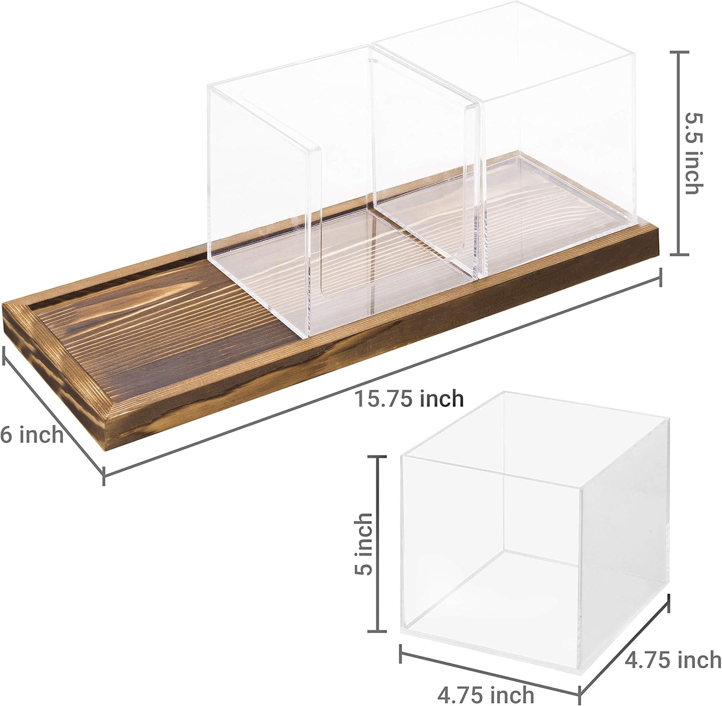 MyGift Modern Modular Coffee and Tea Station Organizer with 3 Removable Premium Clear Acrylic Compartments and Rustic Burnt Solid Wood Decorative Tray, 4 Piece Set