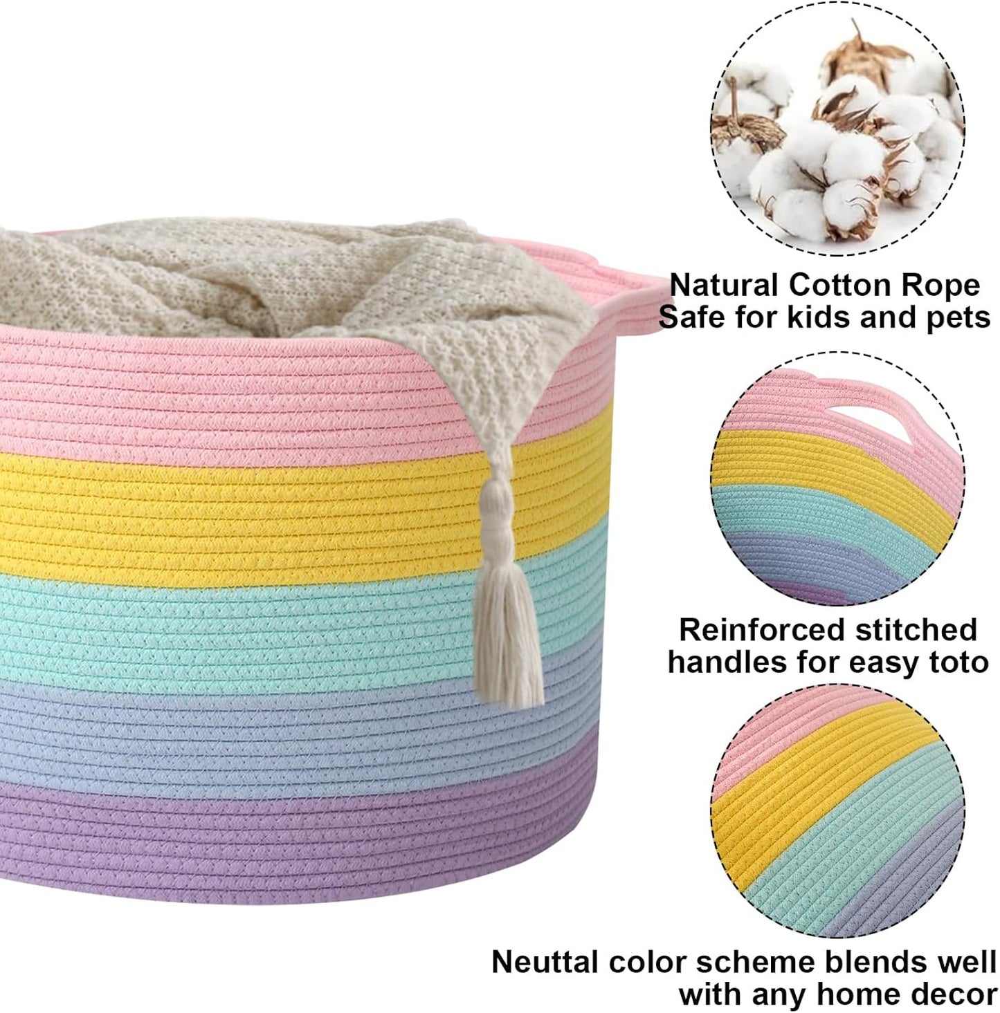 Large Blanket Basket for Organizing,115L Closet Organizers and Storage Bins Box for Shelves Woven Rope Storage Baskets,Living Room,Bedroom,Dorm,Laundry room (Colorful)