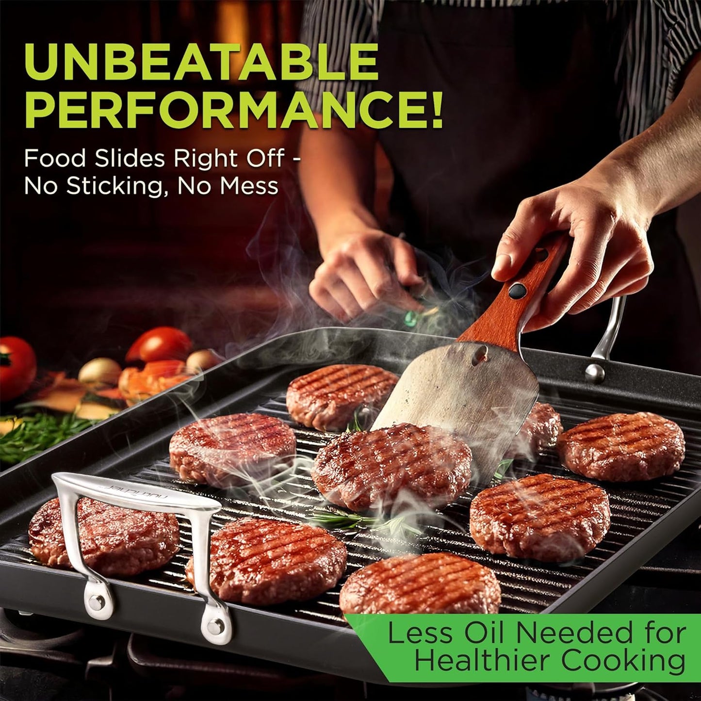 NutriChef 20"x13" Stove Top Grill Pan - Double Burner, Hard-Anodized Non stick Grill & Griddle Pan