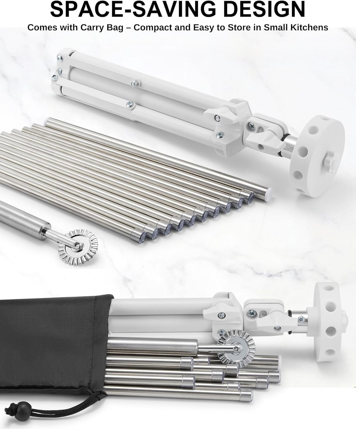 Pasta Drying Rack Collapsible, 360° Rotating, Adjustable Height(14.5"-23.6"), 304 Stainless Steels Arm, Large Noodle Dryer Foldable with Ravioli Wheel for Homemade Fresh Pasta Spaghetti