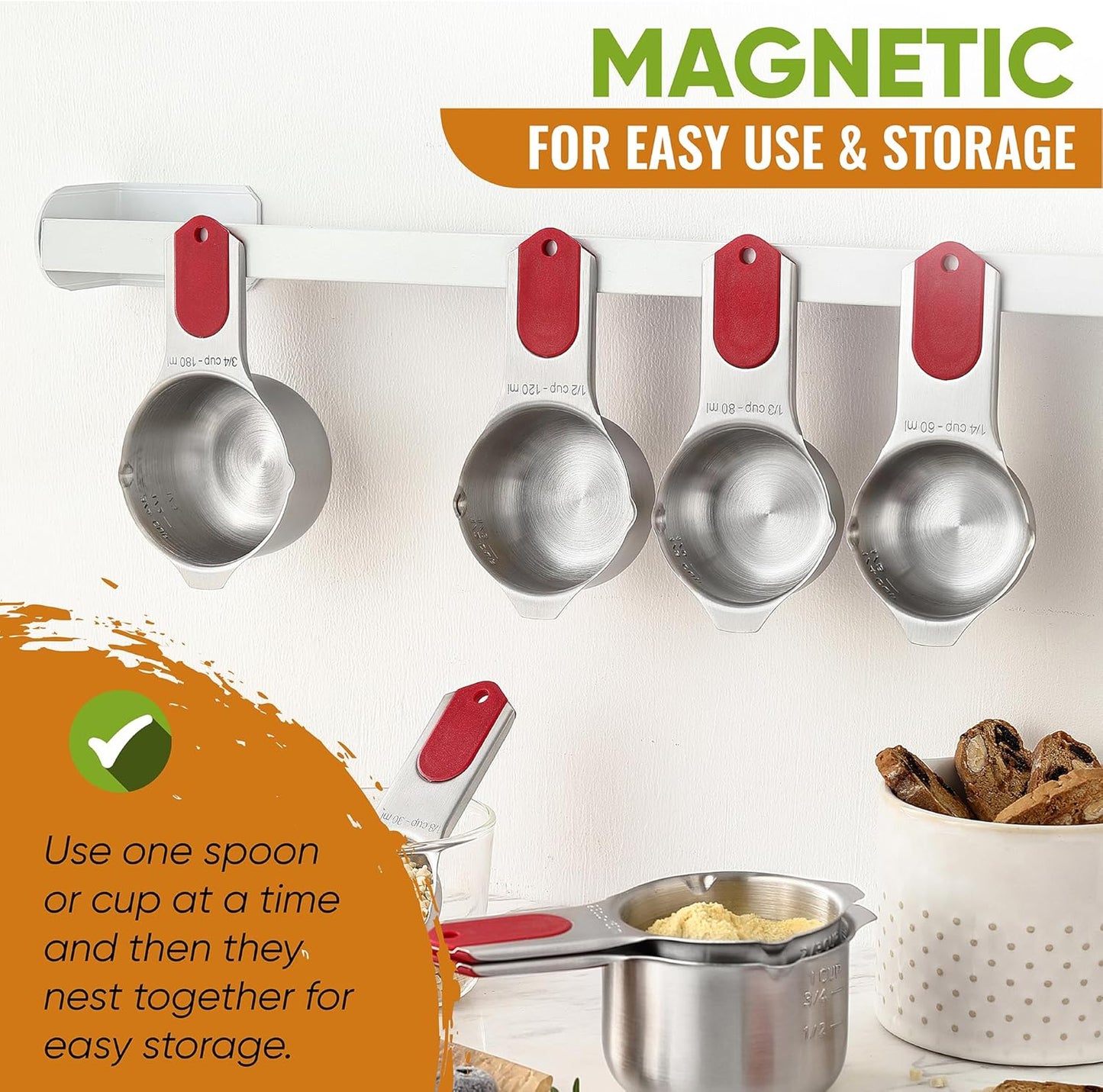 Spring Chef Magnetic Measuring Cups & Spoons Set (Patent Pending), Strong N45 Magnets, Heavy Duty Stainless Steel Fits in Spice Jars for Baking & Cooking, BPA Free, Round Set of 15 with Leveler, Red