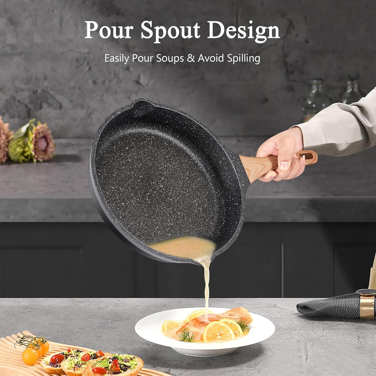 Non Stick Frying Pan Set - YIIFEEO Granite Skillet Set with 100% PFOA & PTFE Free, Induction Egg Omelette Pans for Cooking Pan Set, Cookware Set Nonstick Pots and Pans Set Gift for Women