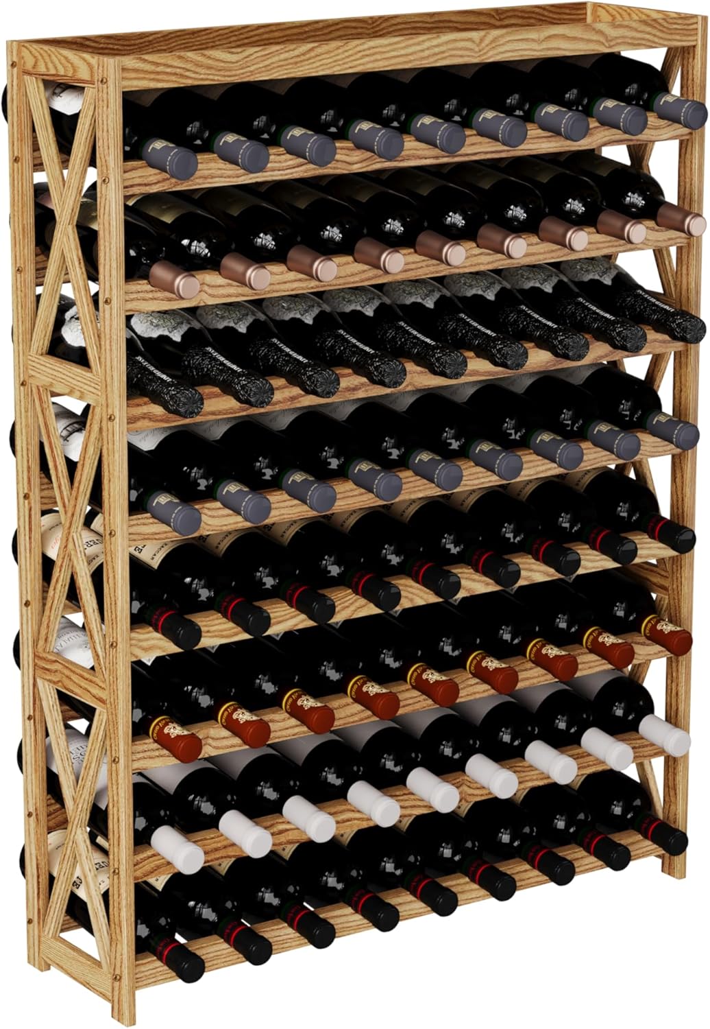 Solid Wood Wine Storage Racks with Tabletop, Free Standing Floor Wooden Wine Rack, Premium Wine Storage Rack Display and Organizing for Kitchen and Cellar 8 Tier 72 Bottles