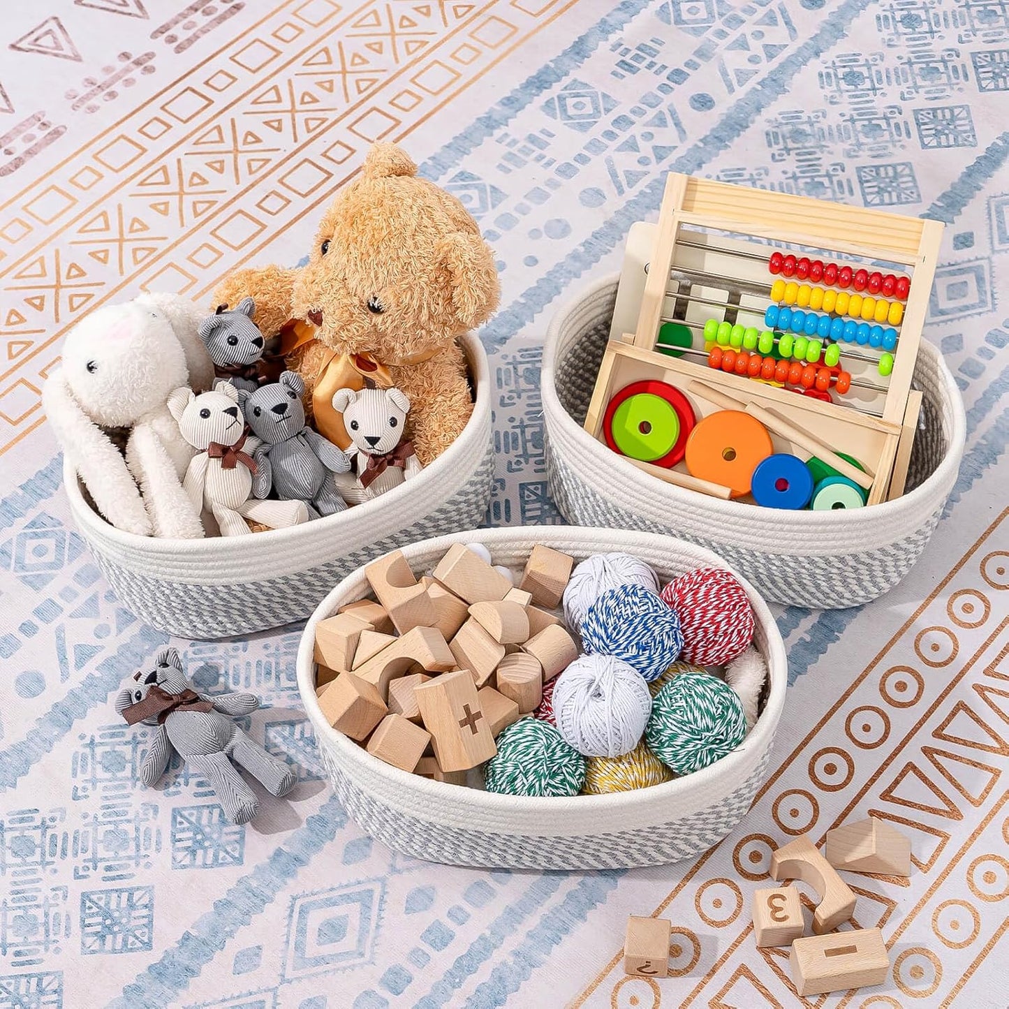 CubesLand Small Baskets, Storage Baskets for Organizing Shelves, Rectangular Woven Storage Basket Natural Cotton Rope Bins Closet Baby Nursery Empty Gifts Basket Off White/Mixed Gray