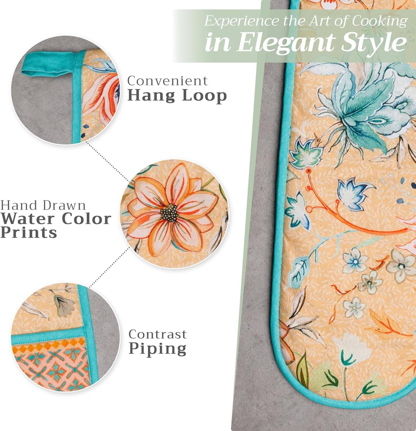 Maison d' Hermine Double Oven Mitts 100% Cotton 7"x35" Double Oven Mitt Heat Resistant BBQ Cooking Gloves with Loop, Baking, Grilling, Kitchen, Handling Hot Pans Spring Summer (Luxury Loft – Peach)