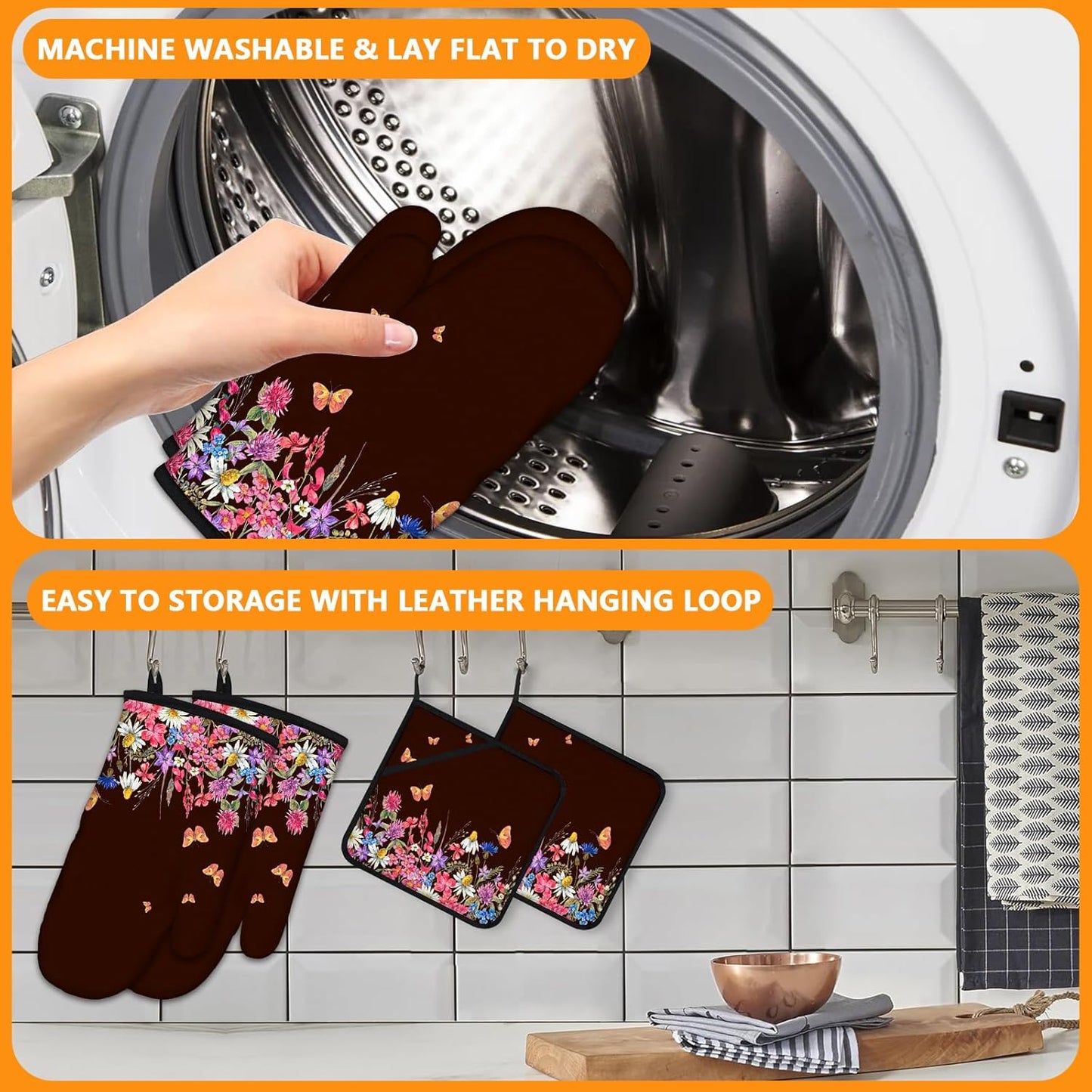 Wildflowers Oven Mitts and Pot Holders Sets 4Pcs,Extra Long Oven Gloves Potholder for Kitchen Cooking Baking BBQ 100% Cotton Heat Resistant