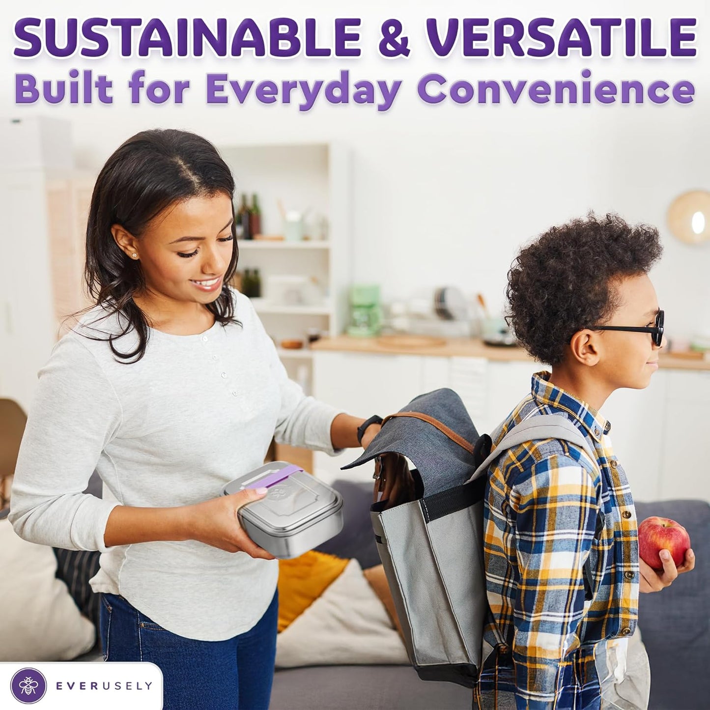 Everusely - Bento Box - Lavender, 47oz / 1.4 L - Stainless Steel Lunch Box with Leakproof Condiment Container - 3 Compartment Snack Organizer for On the Go Meals - Freezer & Dishwasher Safe