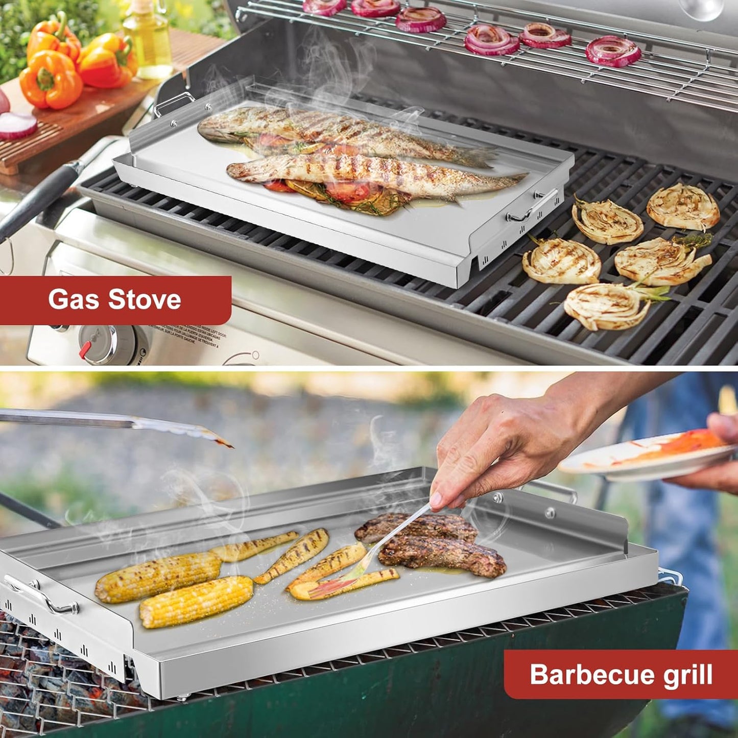 YORKING 23" x 16" Nonstick Coating Griddle Flat Top Grill Plate, Stainless Steel Griddle Plate with Grease Groove and Removable Handles for BBQ Charcoal/Gas Grills, Parties, Indoor/Outdoor Cooking