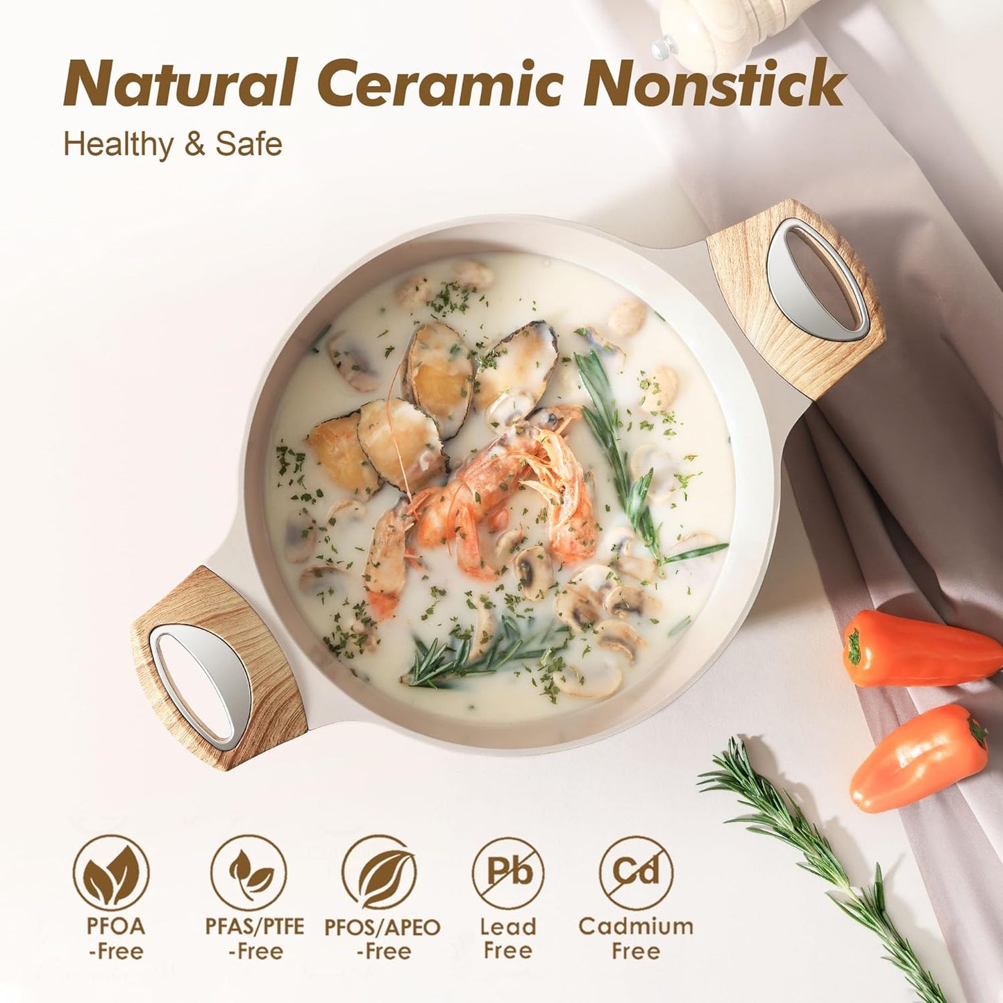 SENSARTE Ceramic Nonstick Stock Pot with Lid, 2.6/4.5/6.6/8.5 QT Soup Pot Casserole Pot, Non-toxic Healthy Pasta Pot, Large Cooking Pot Stew Pot, Induction Compatible, PFOA PFAS PTFE Free, Taupe