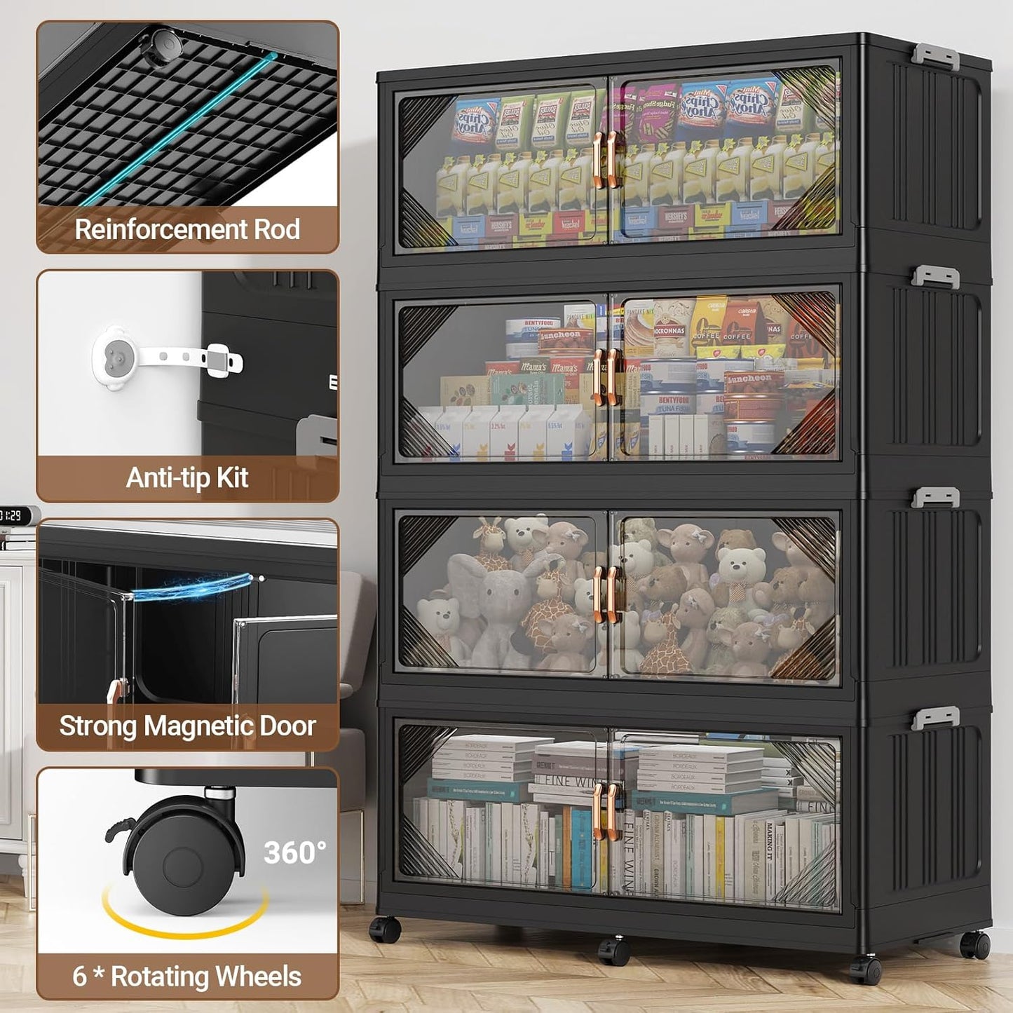 220Gal Plastic Stackable Storage Bins with Lid, 880QT Extra Large Closet Organizers Collapsible Cabinets Boxes With Drawers, Foldable Containers with 6x Wheels for Home Kitchen, V60 4Pack Black
