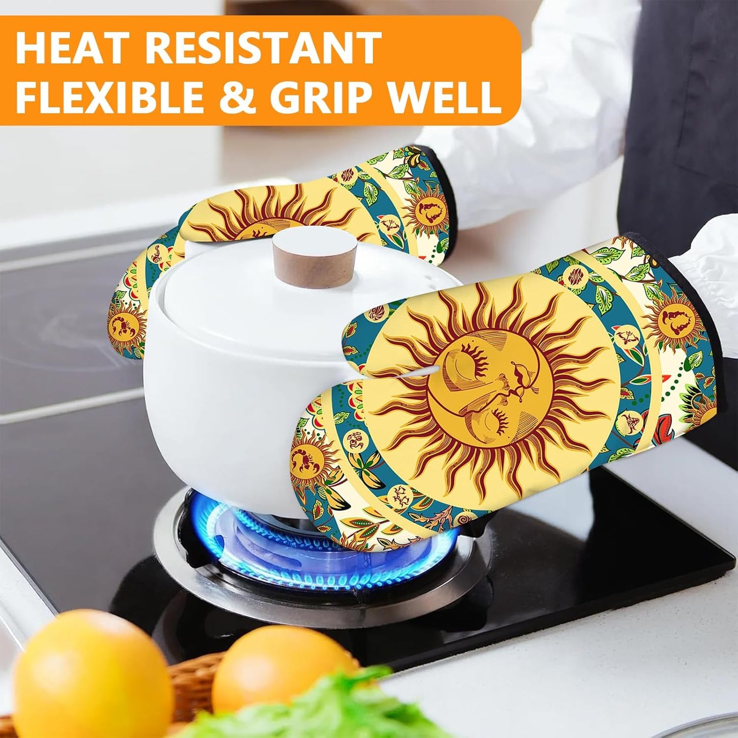 Sun and Moon Oven Mitts and Pot Holders Sets 4Pcs,Extra Long Oven Gloves Potholder for Kitchen Cooking Baking BBQ 100% Cotton Heat Resistant