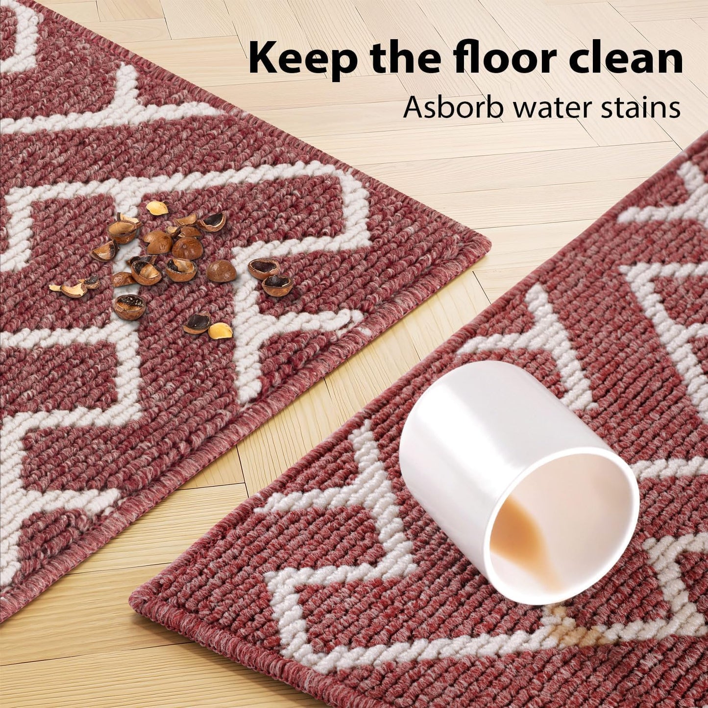 hicorfe Kitchen Rugs and Mats Sets,2 Pieces Non-Slip Absorbent 100% Polypropylene Kitchen Mats for Floor,Comfort Kitchen Runner Mat,Washable for Kitchen,Sink,Laundry(20" x 31.5" Plus 20" x 48",Red)