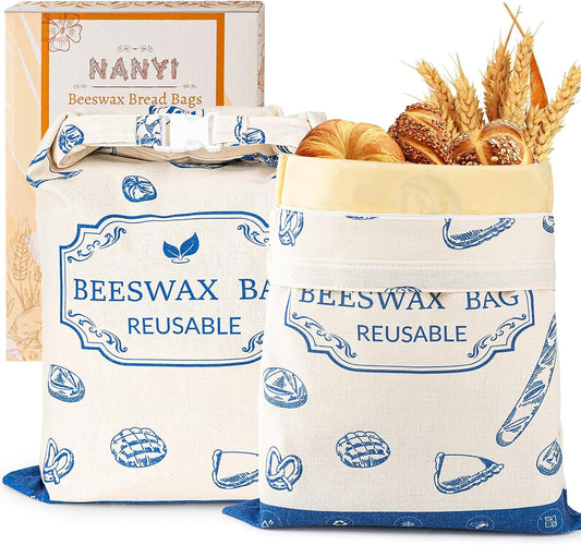 2-Pack Reusable Beeswax Bread Bags for Sourdough & Homemade Bread，Cotton Waxed Bags Keeps Fresh Longer(Navy Loaf)