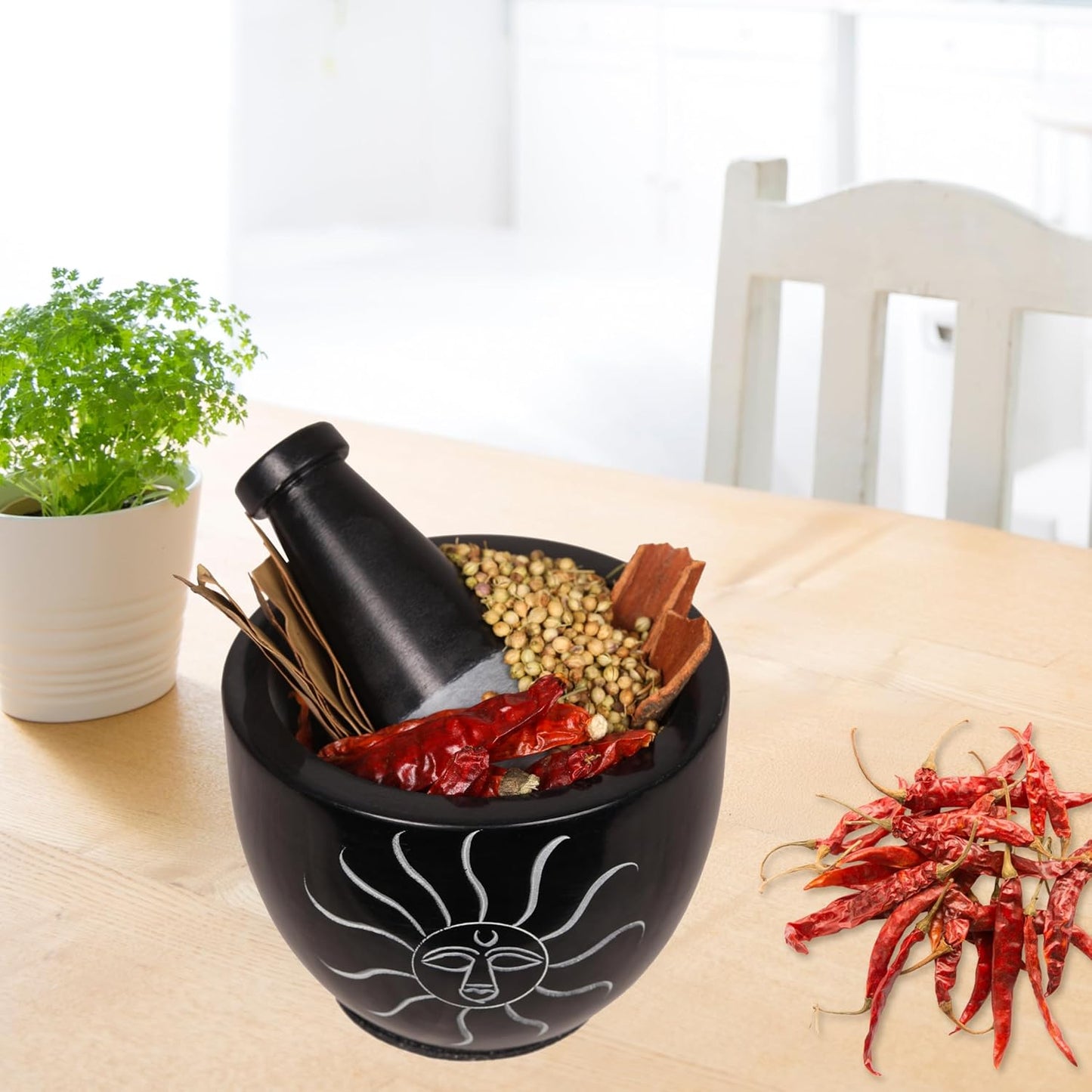 Mortar and Pestle, Made of Heavy Duty Polished Hard Stone, Natural Stone Grinder for Spices, Pastes, Herbs, Seasoning etc. (Sunlight)