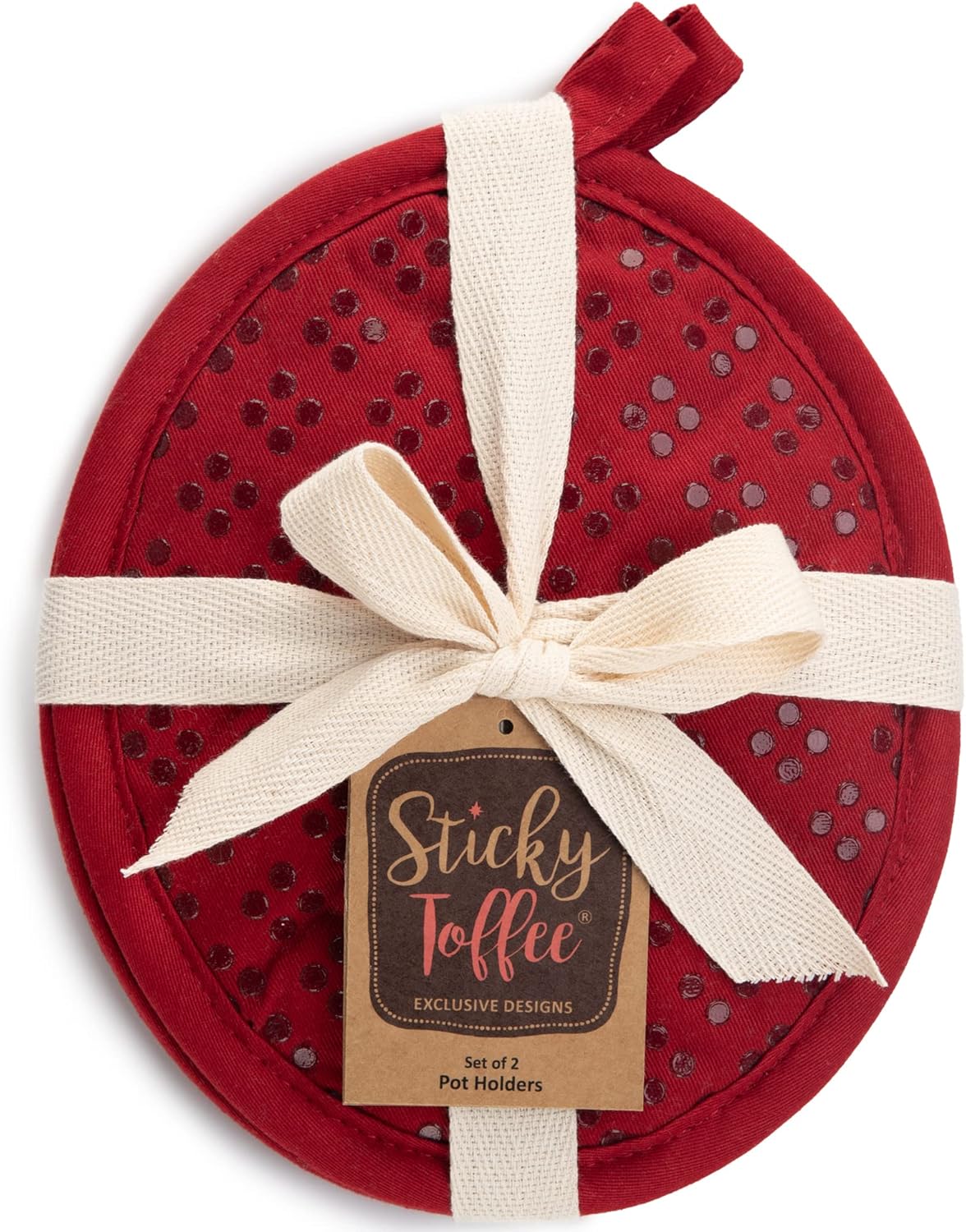 Sticky Toffee Silicone Pot Holders Set of 2, Red, Heat Resistant to 500°F, Non-Slip Oven Hot Pads with Oeko-Tex Cotton Shell, 7 x 9 in