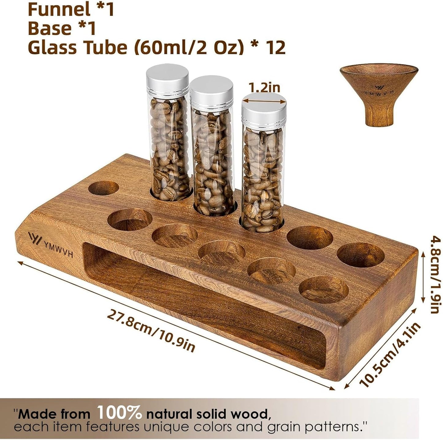 Single Dose Coffee Bean Storage Tubes 12 Pcs Coffee Bean Cellar Container Dosing Glass Vials,2oz Glass Jars With Lids, 2 Layers Sapele Display Stand And Wooden Funnel(Large)