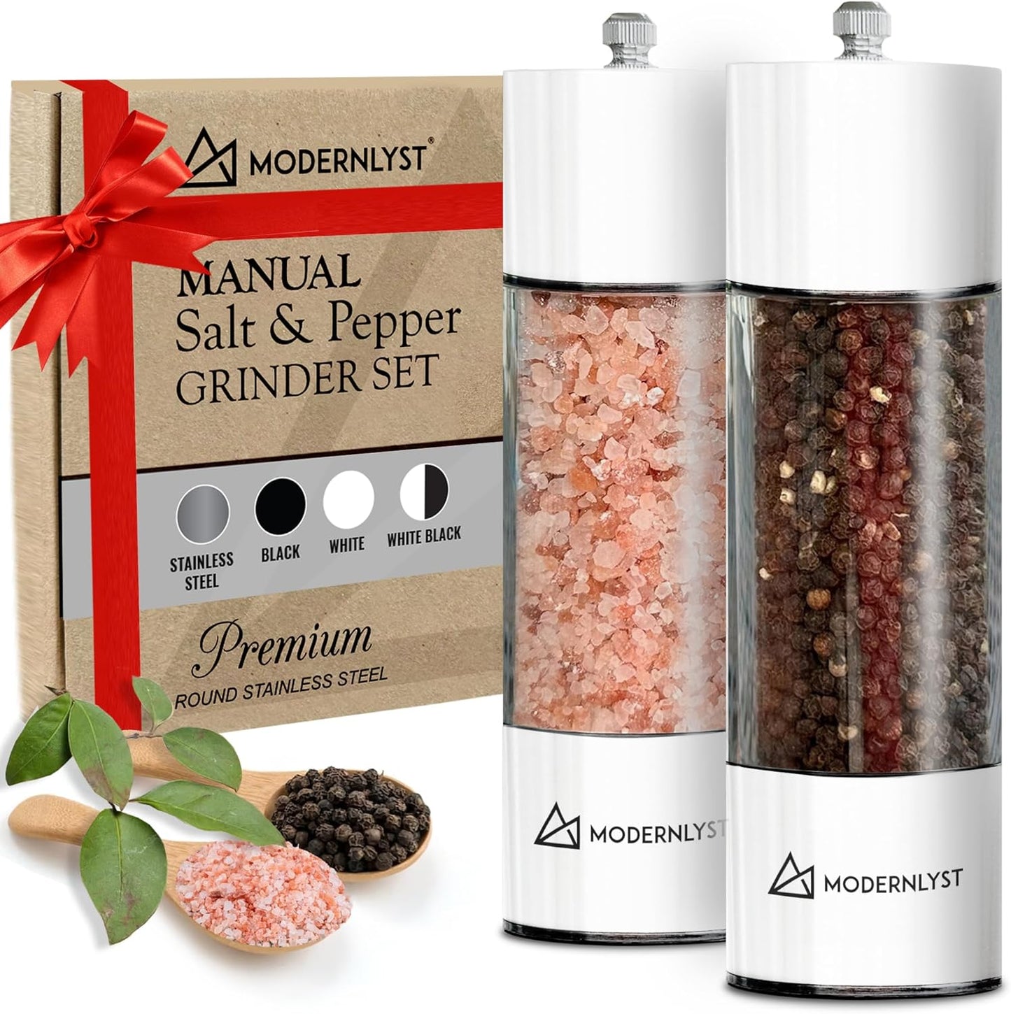 Manual Salt and Pepper Grinder Set of 2 | Large Round Shakers | 7.5 Inch Stainless Steel Refillable Grinders (White)