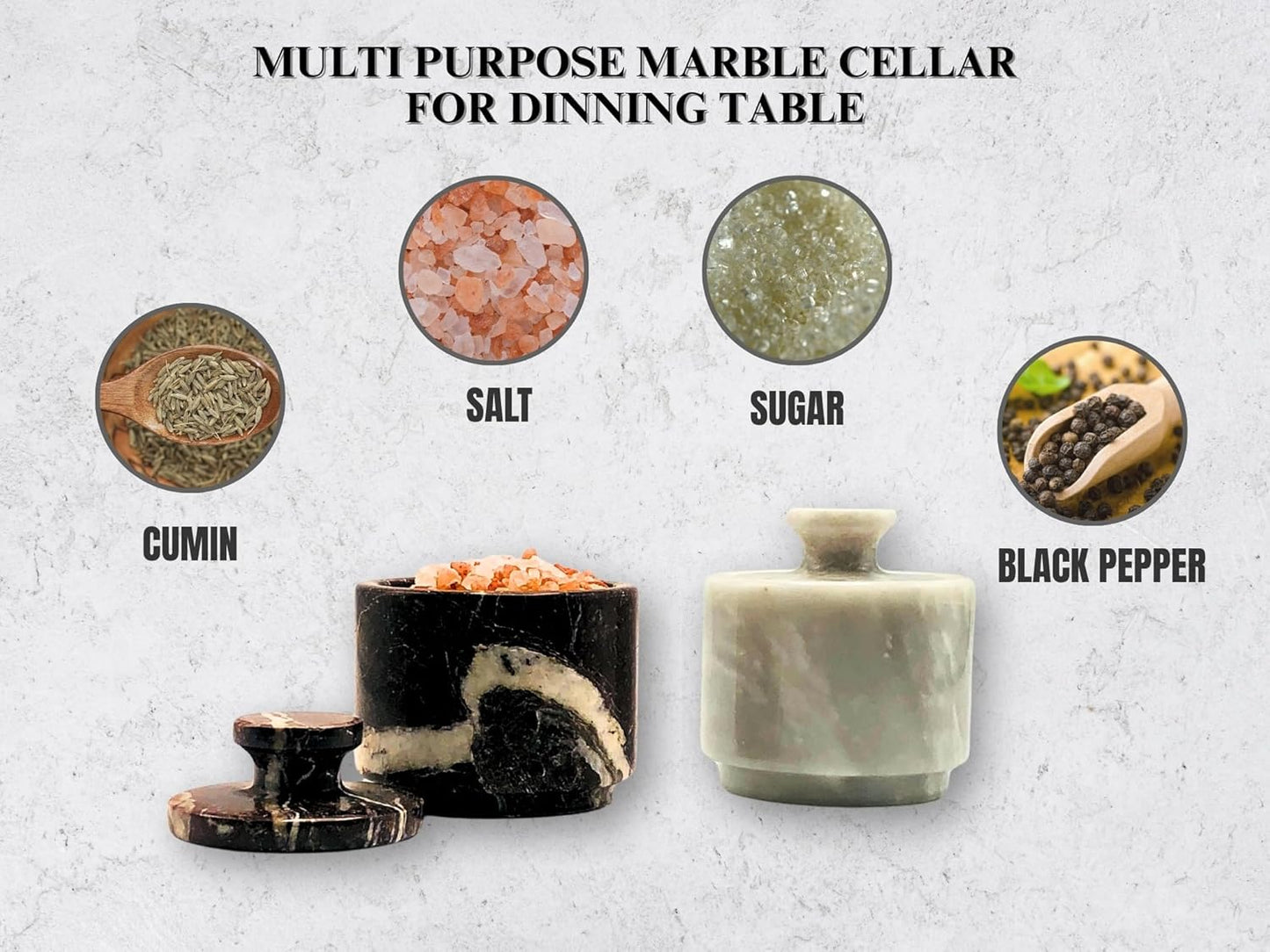 Marble Salt Cellar with Lid - 2 Pack Set, 3.5oz Kitchen Storage Containers, Premium White Red Marble Pattern