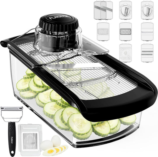 Fullstar Mandoline Slicer for Kitchen, Fruit Cutter, Cheese Grater, Cucumber Slicer, Veggie Spiralizer, Food Cutter & Kitchen Gadgets with Safety Glove (11 in 1, Clear)