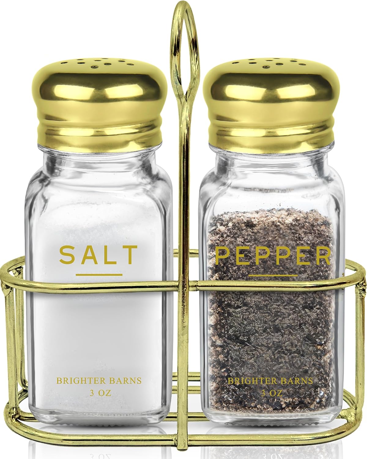 Gold Salt and Pepper Shakers Set with Holder by Brighter Barns - Luxury Kitchen Decor & Accessories - Modern Glass Shakers with Stand & Stainless Steel Lids for Neutral Home, Restaurants (Clear/Gold)