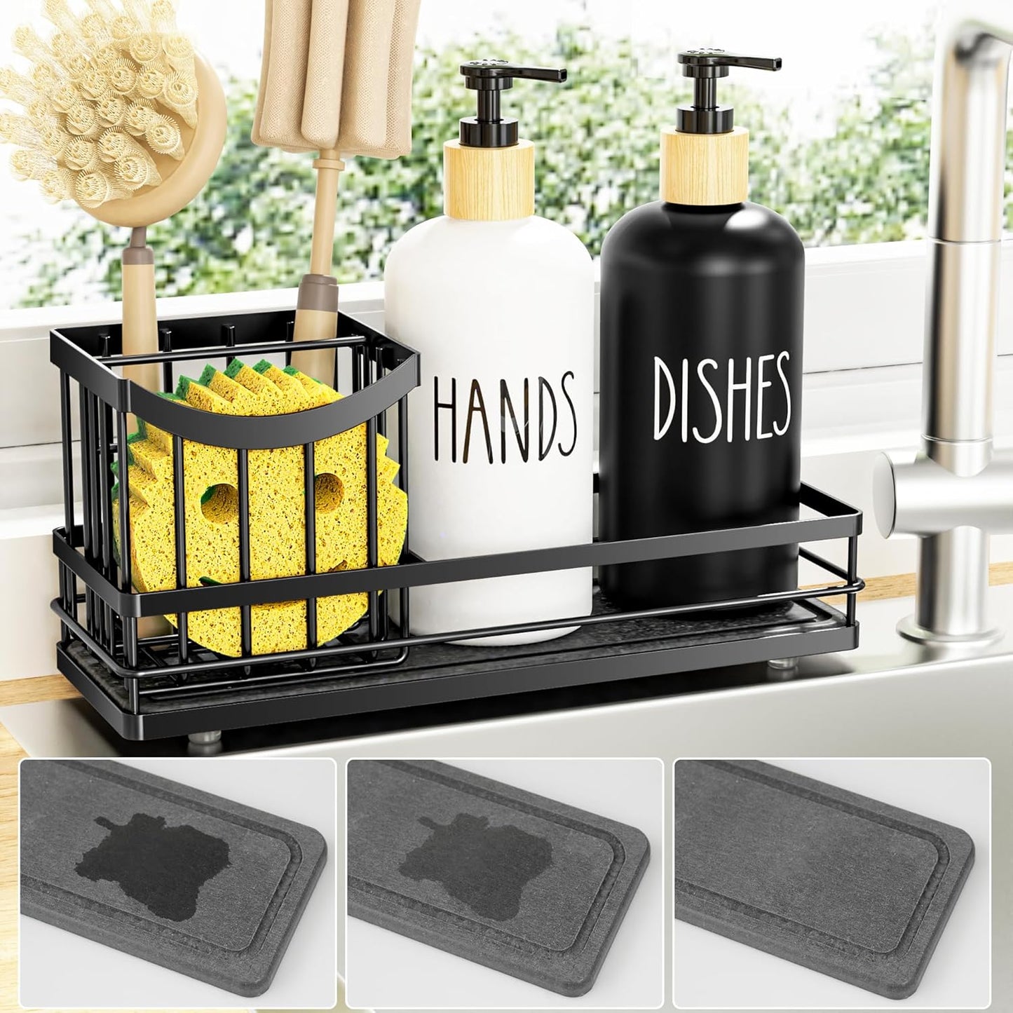 Moforoco Kitchen Dish Soap Dispenser Set, 16OZ Glass Bottle, Hand and Dish Soap Dispenser Set, Instant Dry Tray, Non-Slip Silicone Pad, Brush Holder with Sponge Holder, Kitchen Decor