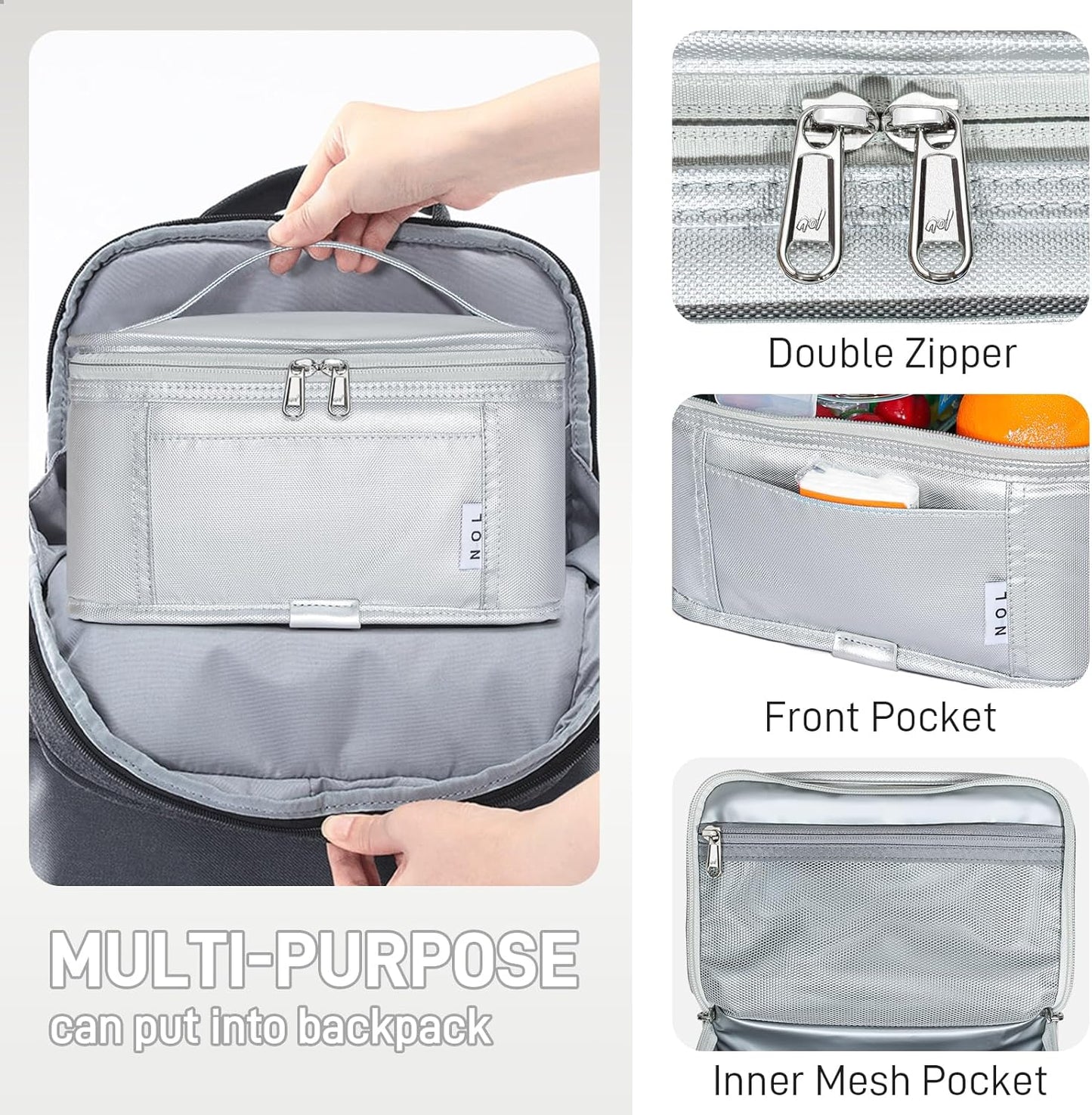 NOL Natural Organic Lifestyle Small Lunch Bag Mini Lunch Box Insulated Lunch Bag for Men/Women Leakproof Cooler Tote Bag Lightweight Nylon Waterproof Lunch Box For Work, Silver