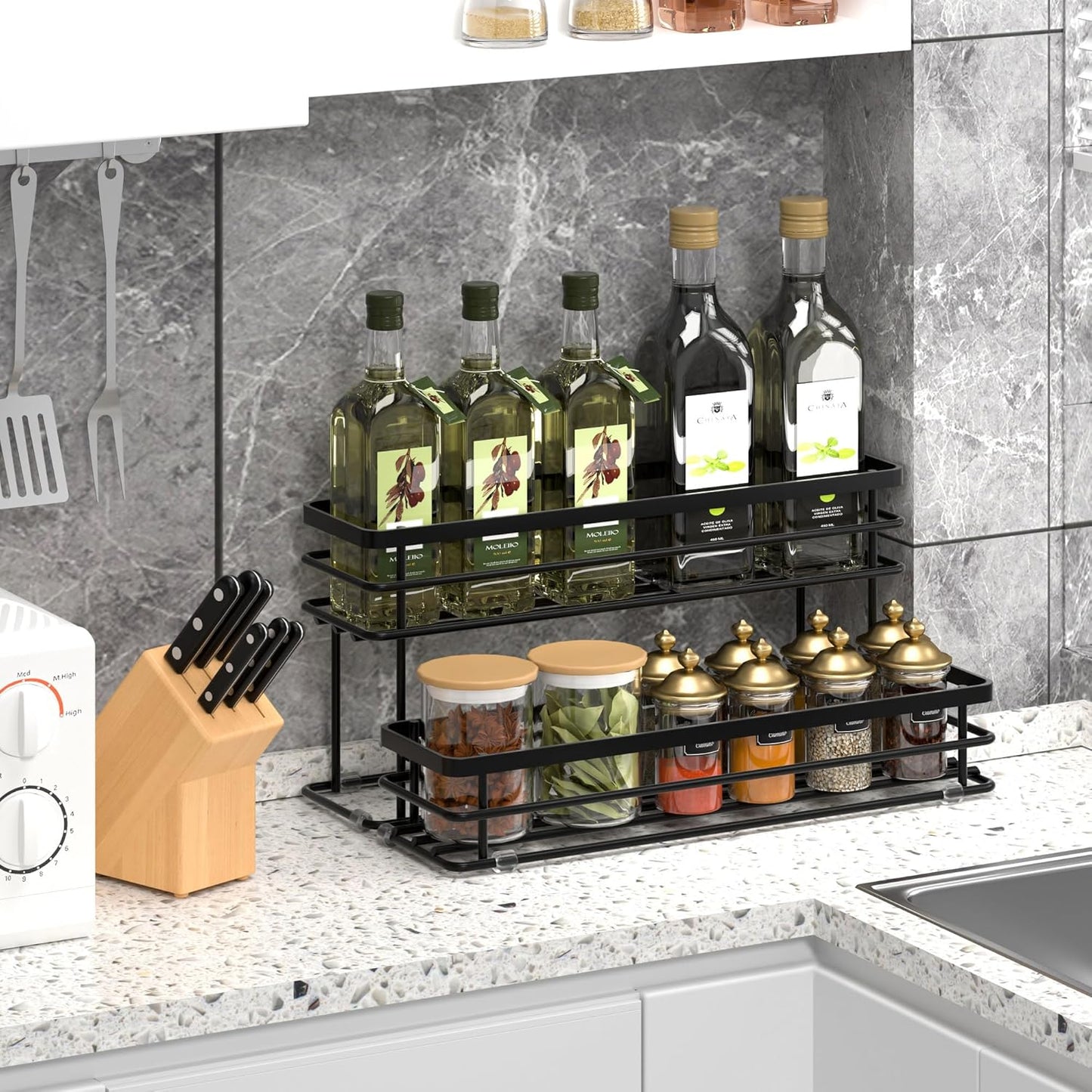 Coffee Syrup Rack Organizer, Syrup Bottle Holder Stand for Coffee Bar, 2-Tier 10 Bottles Storage Shelves for Syrup, Wine, Dressing for Kitchen Countertop (10 Bottles Black)